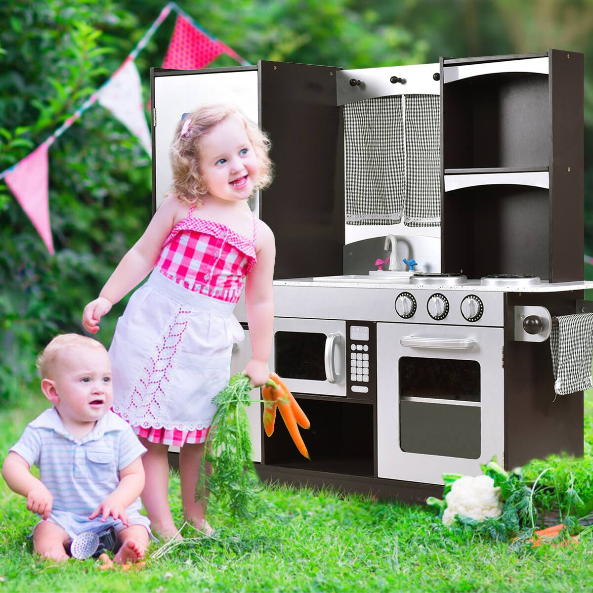 Alt View 3. Gymax - Gymax Kids Cooking Pretend Play Toy Wooden Kitchen Set Children Playset Vintage - Coffee + Silver.