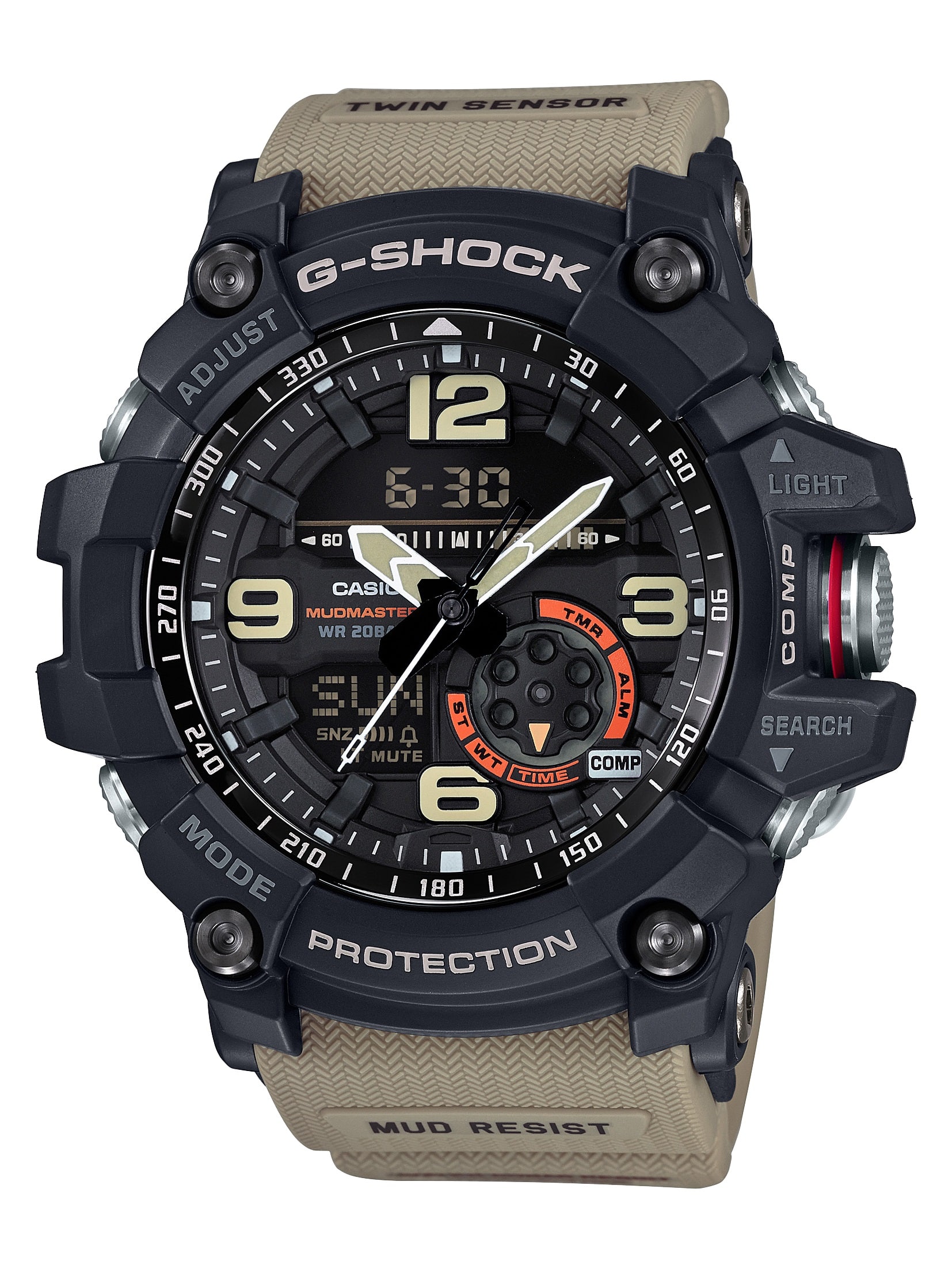 Front. Casio - Men's G-Shock Mudmaster Twin-Sensor Analog-Digital 55mm Watch - Tan.