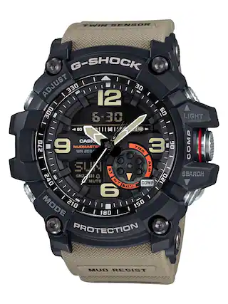 Front. Casio - Men's G-Shock Mudmaster Twin-Sensor Analog-Digital 55mm Watch - Tan.