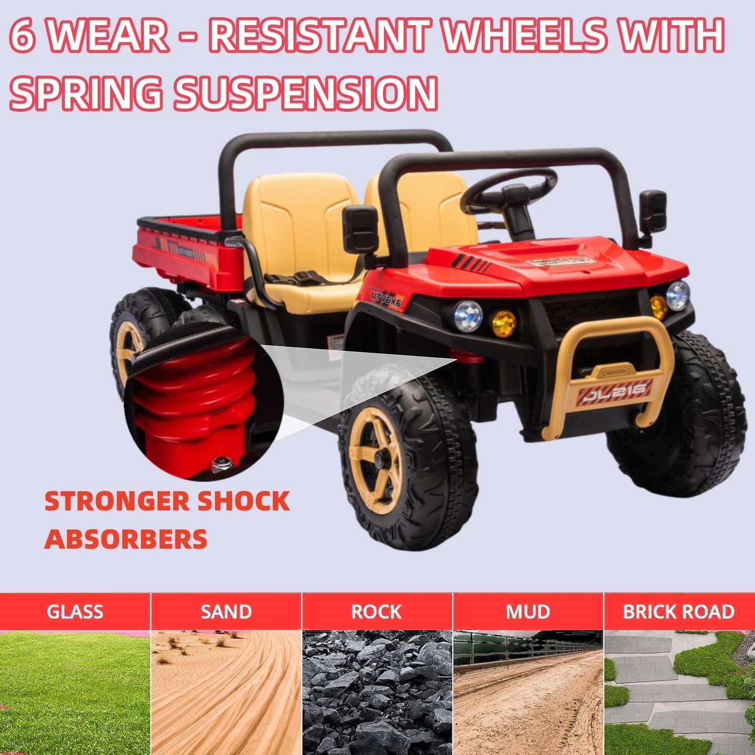 6 WEAR-RESISTANT WHEELS WITH SPRING SUSPENSION

STRONGER SHOCK ABSORBERS

GLASS SAND ROCK MUD BRICK ROAD