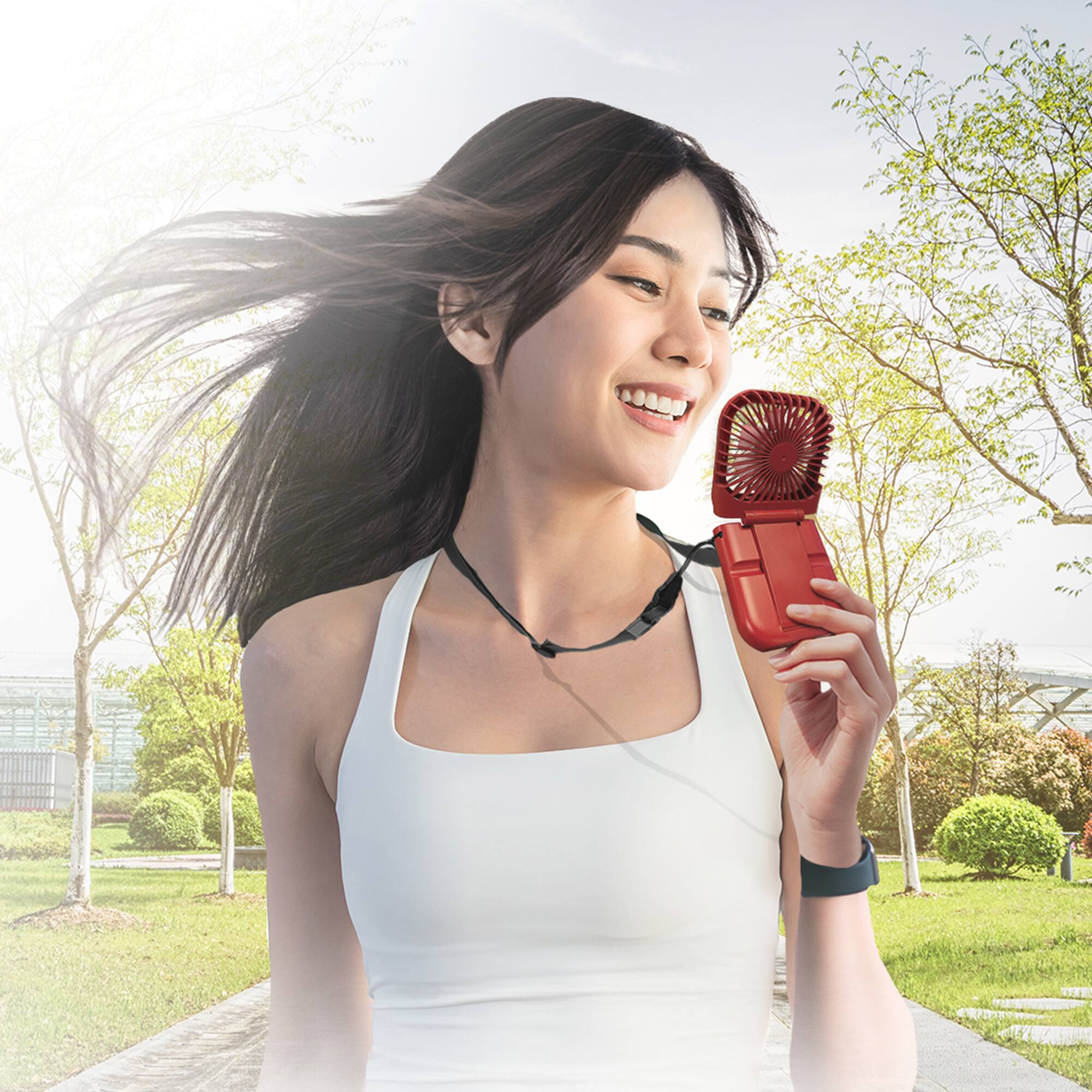 Angle. Aiwa - Aiwa 4000mAh Portable Fan & Power Bank with Neck Strap, 3-Speed Foldable Personal Fan, Phone Stand & 180 Adjustable Tilt - Red.