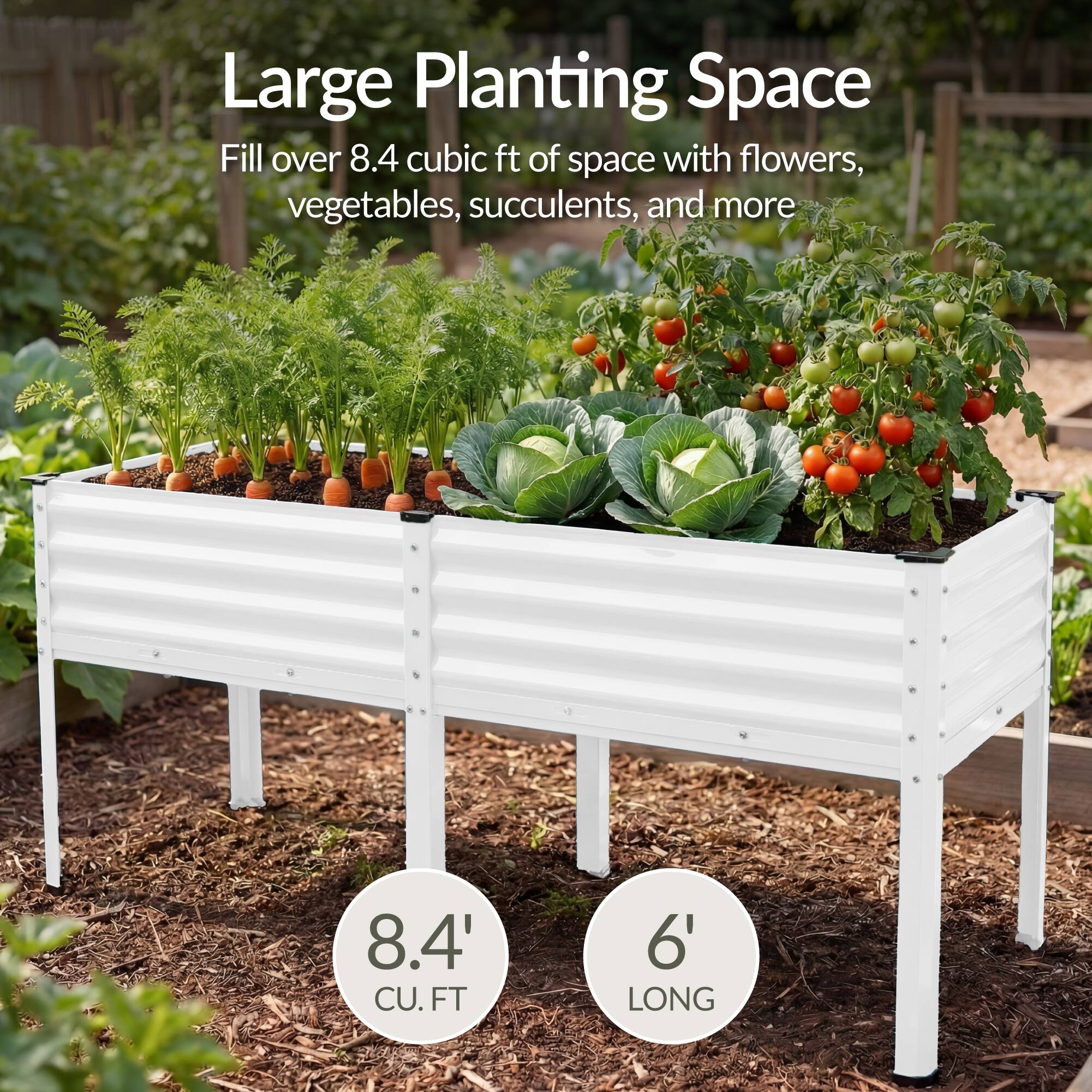 Large Planting Space  
Fill over 8.4 cubic ft of space with flowers, vegetables, succulents, and more  

8.4' CU. FT  
6' LONG