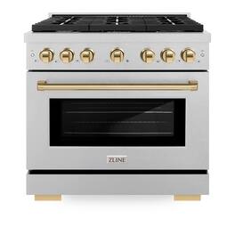 ZLINE - Autograph 36 in. Paramount Satin Steel Gas Range w/ 6 Burners & Gold Accents (SGRSZ-36-G) - Stainless Steel