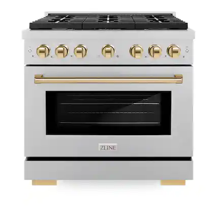 Front. ZLINE - ZLINE Autograph 36 in. Paramount Satin Steel Gas Range w/ 6 Burners & Gold Accents (SGRSZ-36-G) - Stainless Steel.