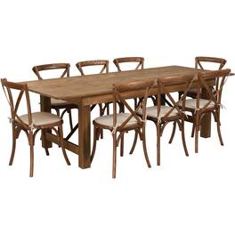 Flash Furniture - HERCULES Series 8' x 40'' Antique Rustic Folding Farm Table Set with 8 Cross Back Chairs and Cushions - Brown