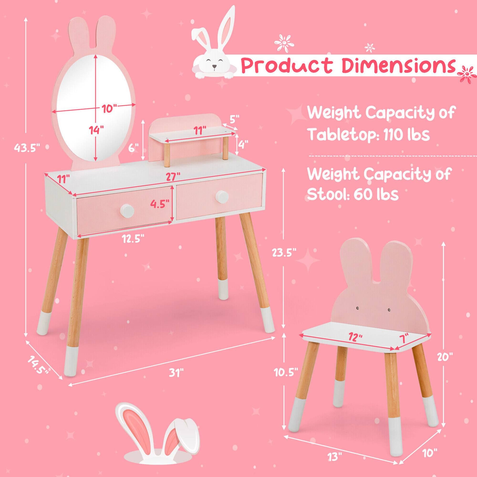 Product Dimensions  
- Tabletop: 43.5" x 27" x 11"  
- Drawer: 14" x 11" x 4.5"  
- Stool: 20" x 12" x 10.5"  

Weight Capacity  
- Tabletop: 110 lbs  
- Stool: 60 lbs