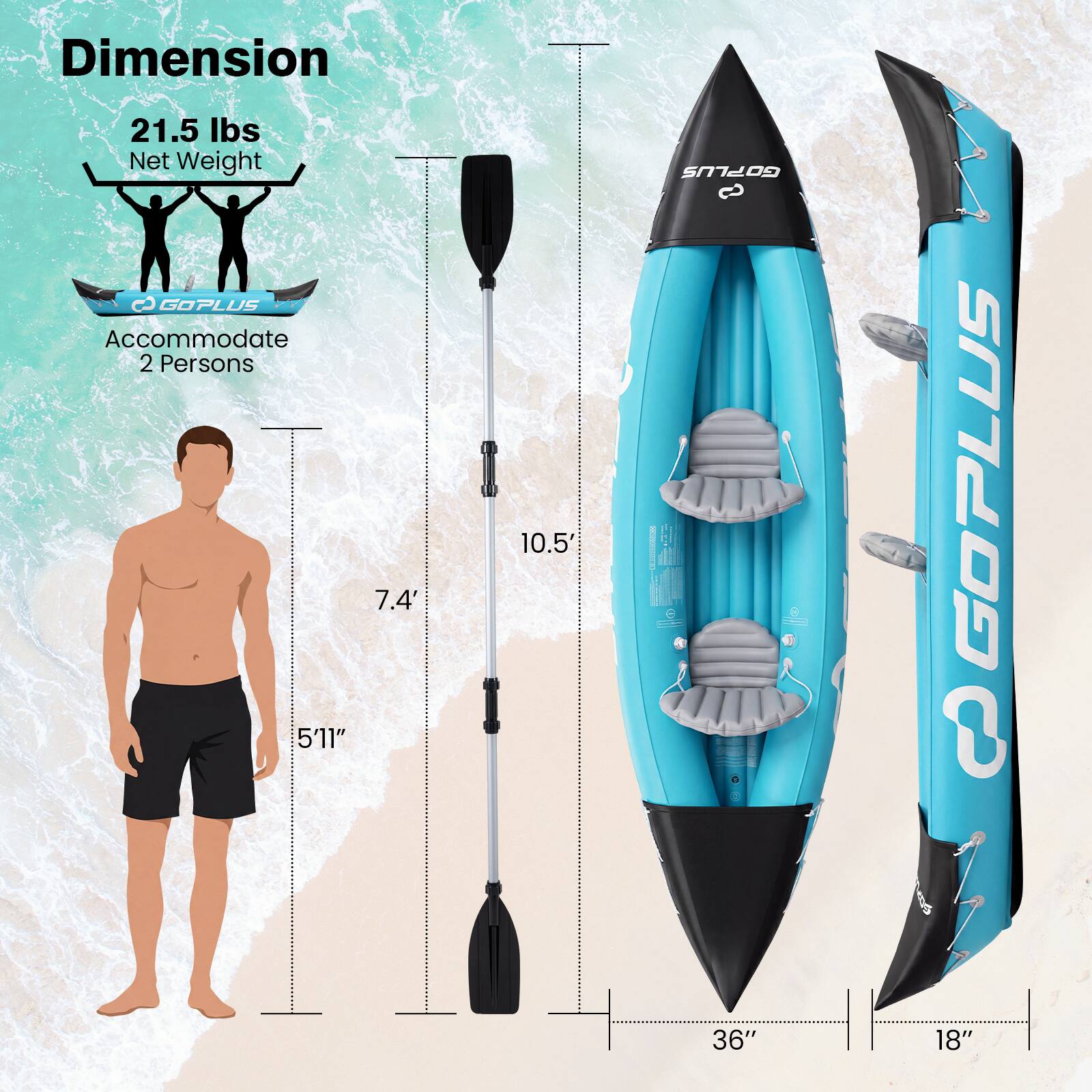 Dimension  
21.5 lbs Net Weight  
GOPLUS Accommodate 2 Persons  
7.4' 5'11" 10.5  
GOPLUS  
36" 18"
