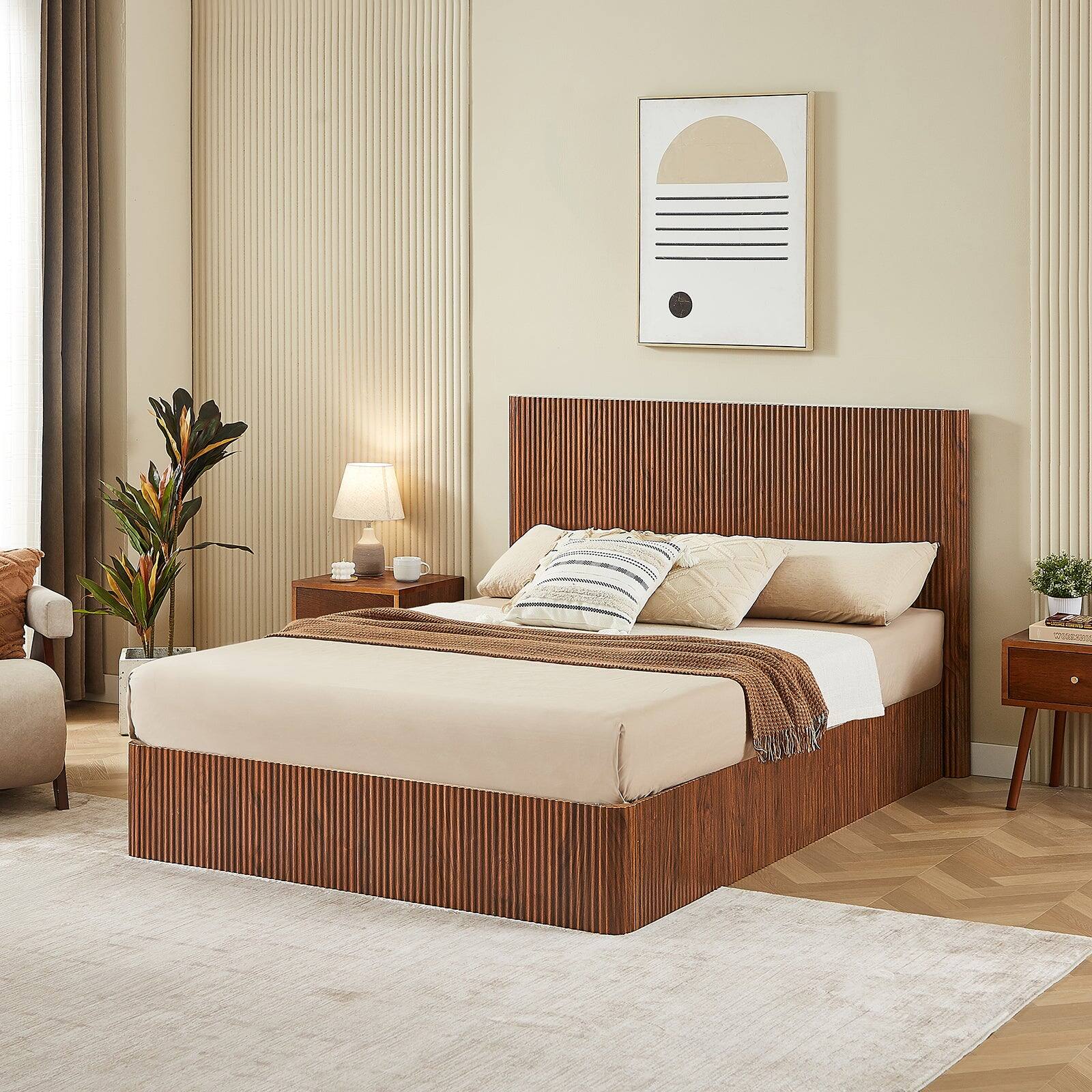 Alt View 2. Boyel Living - Queen Lift-Up Storage Bed Frame Hydraulic Wooden Corrugated Curved No Box Spring Walnut - Brown.
