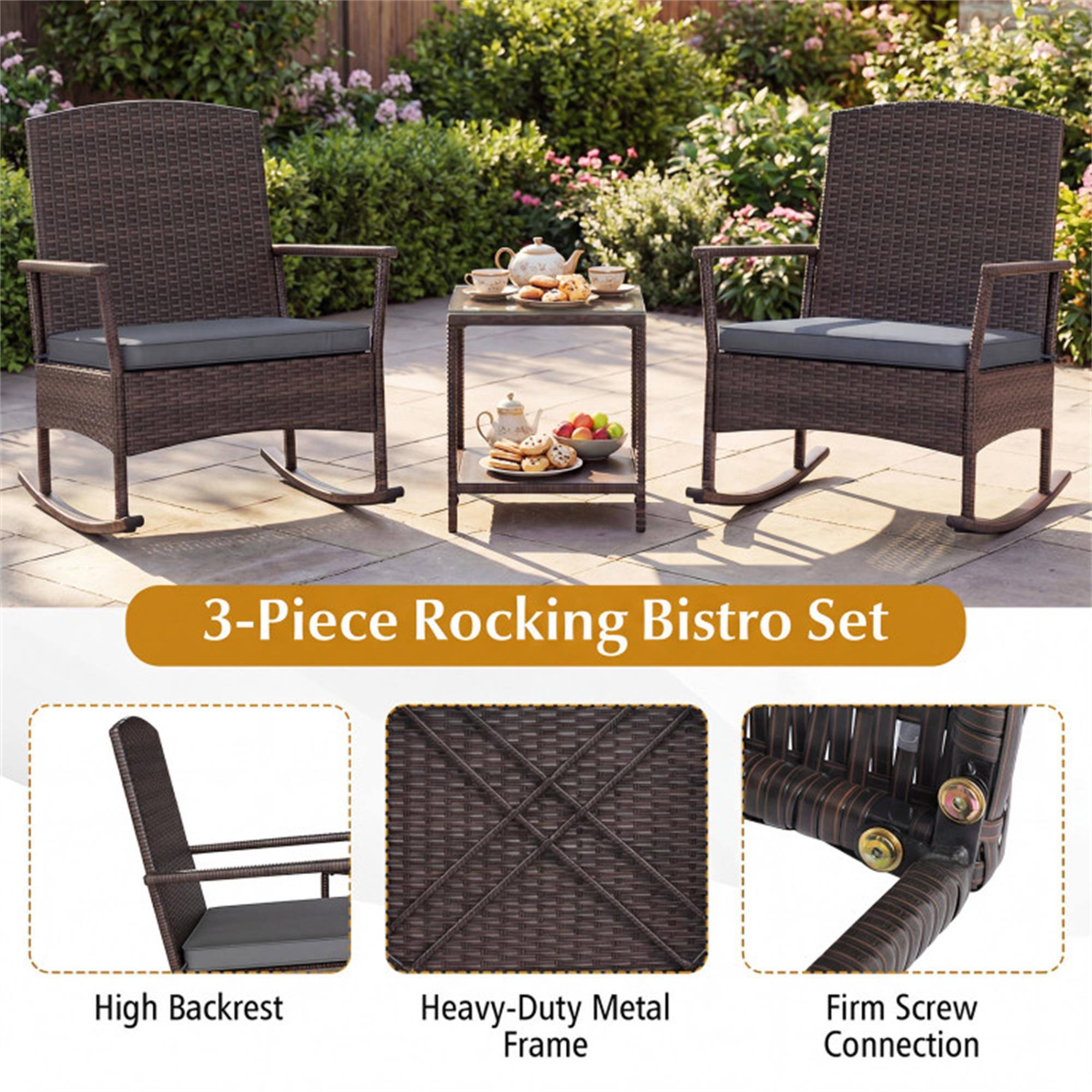 3-Piece Rocking Bistro Set

- High Backrest
- Heavy-Duty Metal Frame
- Firm Screw Connection