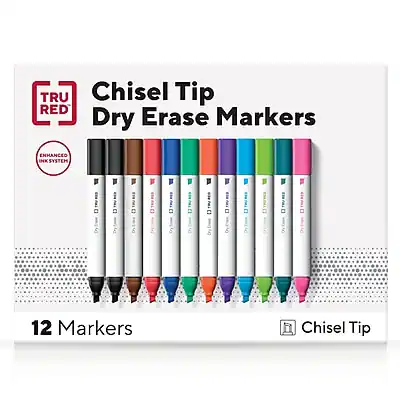 TRU RED
Chisel Tip Dry Erase Markers
ENHANCED INK SYSTEM
12 Markers
Chisel Tip