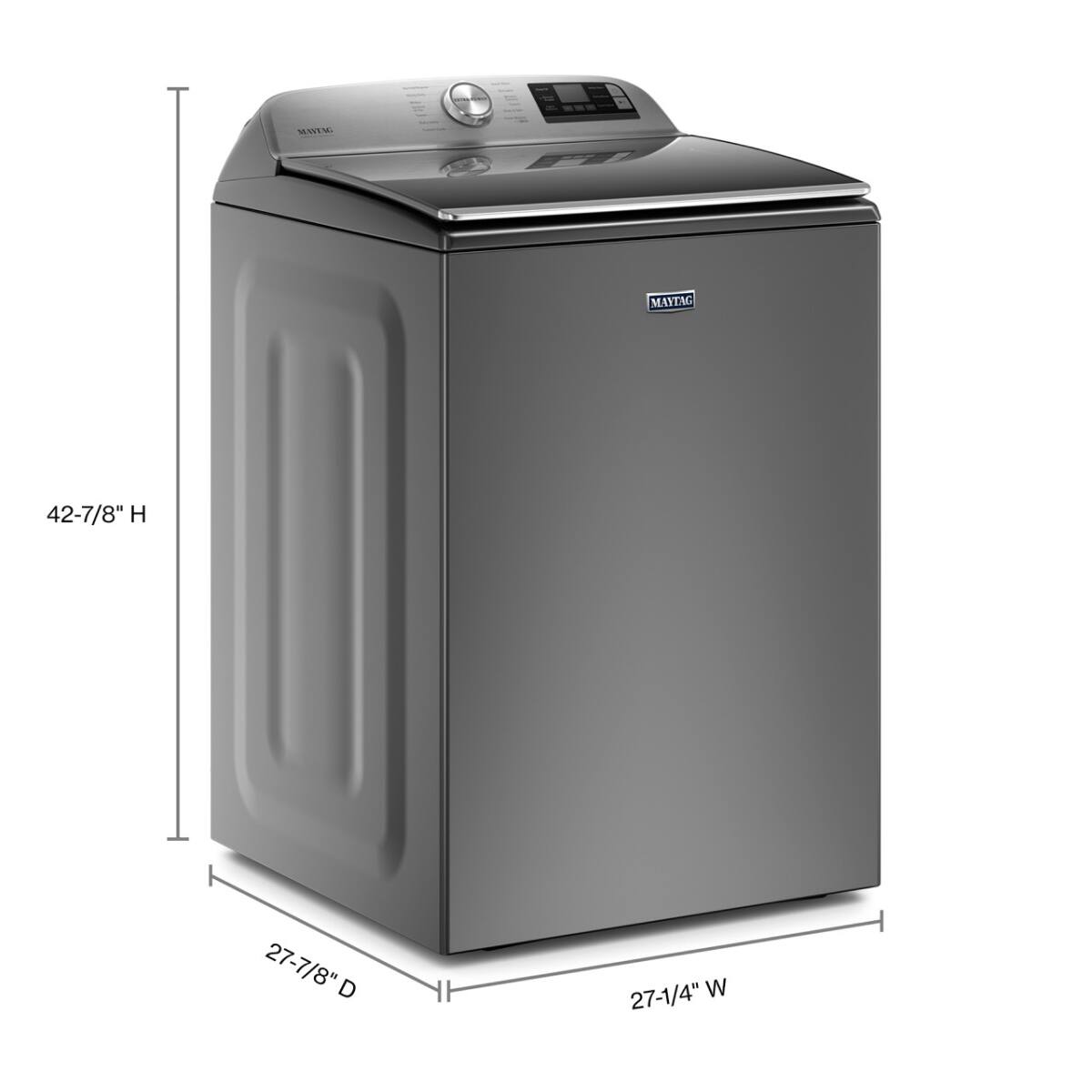 The dimensions of the washing machine are:

- Height: 42-7/8"
- Depth: 27-7/8"
- Width: 27-1/4"
