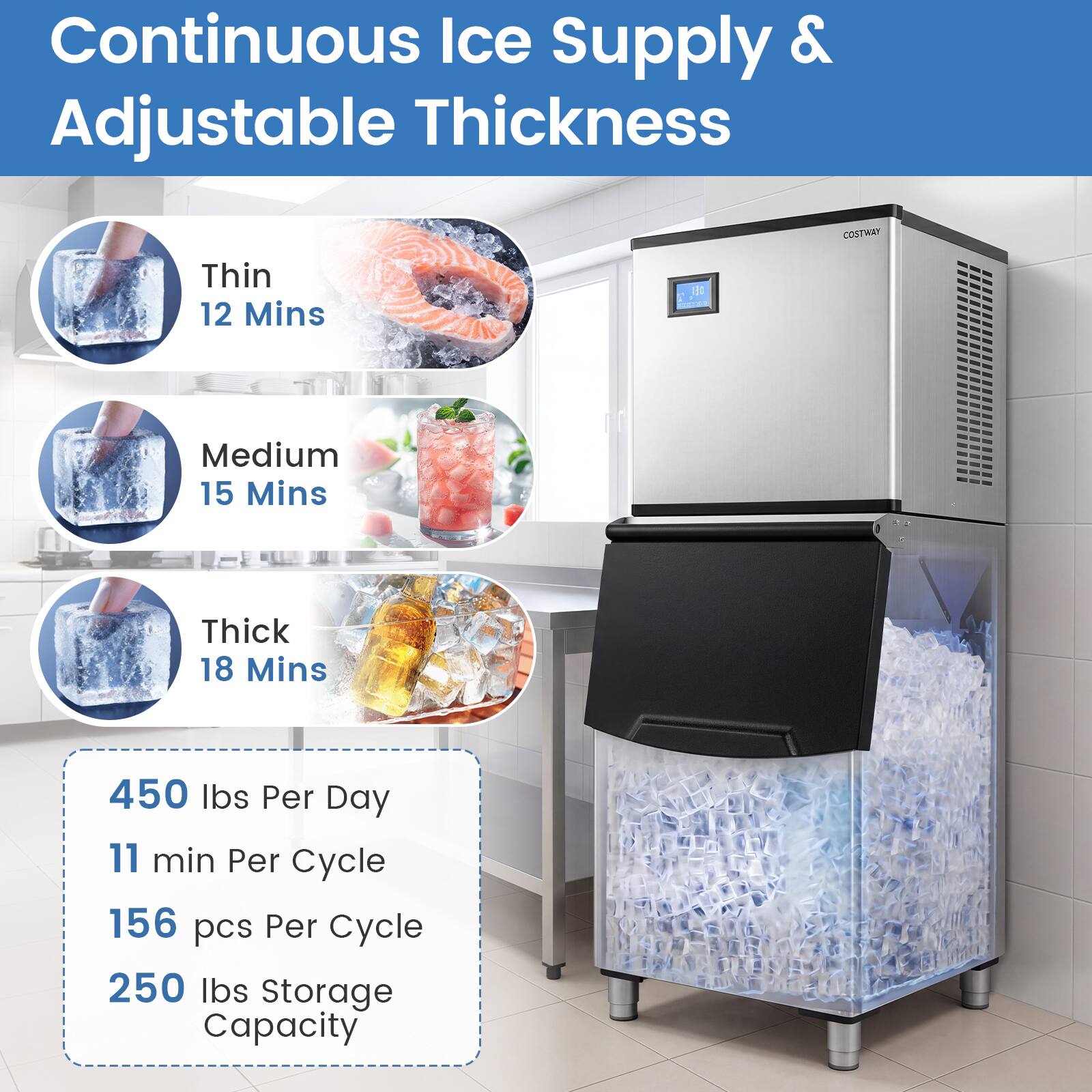 Continuous Ice Supply & Adjustable Thickness

- Thin: 12 Mins
- Medium: 15 Mins
- Thick: 18 Mins

450 lbs Per Day  
11 min Per Cycle  
156 pcs Per Cycle  
250 lbs Storage Capacity