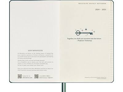 MOLESKINE WEEKLY NOTEBOOK  
2024 - 2025  

OUR MANIFESTO  

At Moleskine, we believe in the power of handwriting as an essential expression of human creativity and connection to the world. We believe in the importance of taking time to reflect, to write, and to express ourselves in a thoughtful and deliberate way. We believe in the power of paper to inspire and to preserve our thoughts, ideas, and memories.  

Together, we shall cast ourselves into the future.  
- Professor Trelewney  

Together, we shall cast ourselves into the future.  
- Professor Trelewney  

Subscribe to moleskine.com  
Follow us on social media @moleskine  

Remember your days with a digital companion at moleskine.com/digital