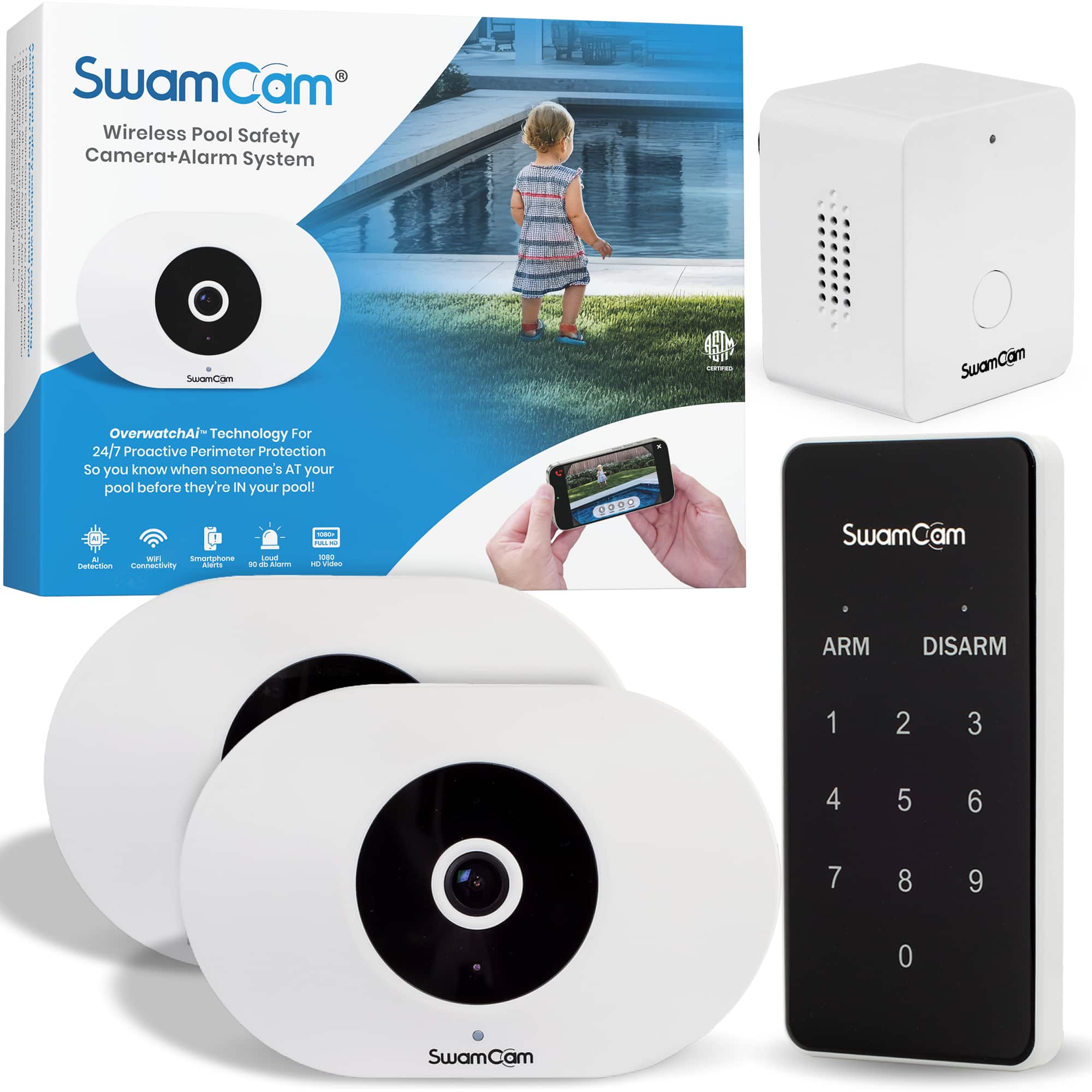 SwamCam - Pool Alarm Dual WiFi ASTM F2208 Certified Safety Pool System for Inground Above Ground Pools with Wi-Fi Repeater - White