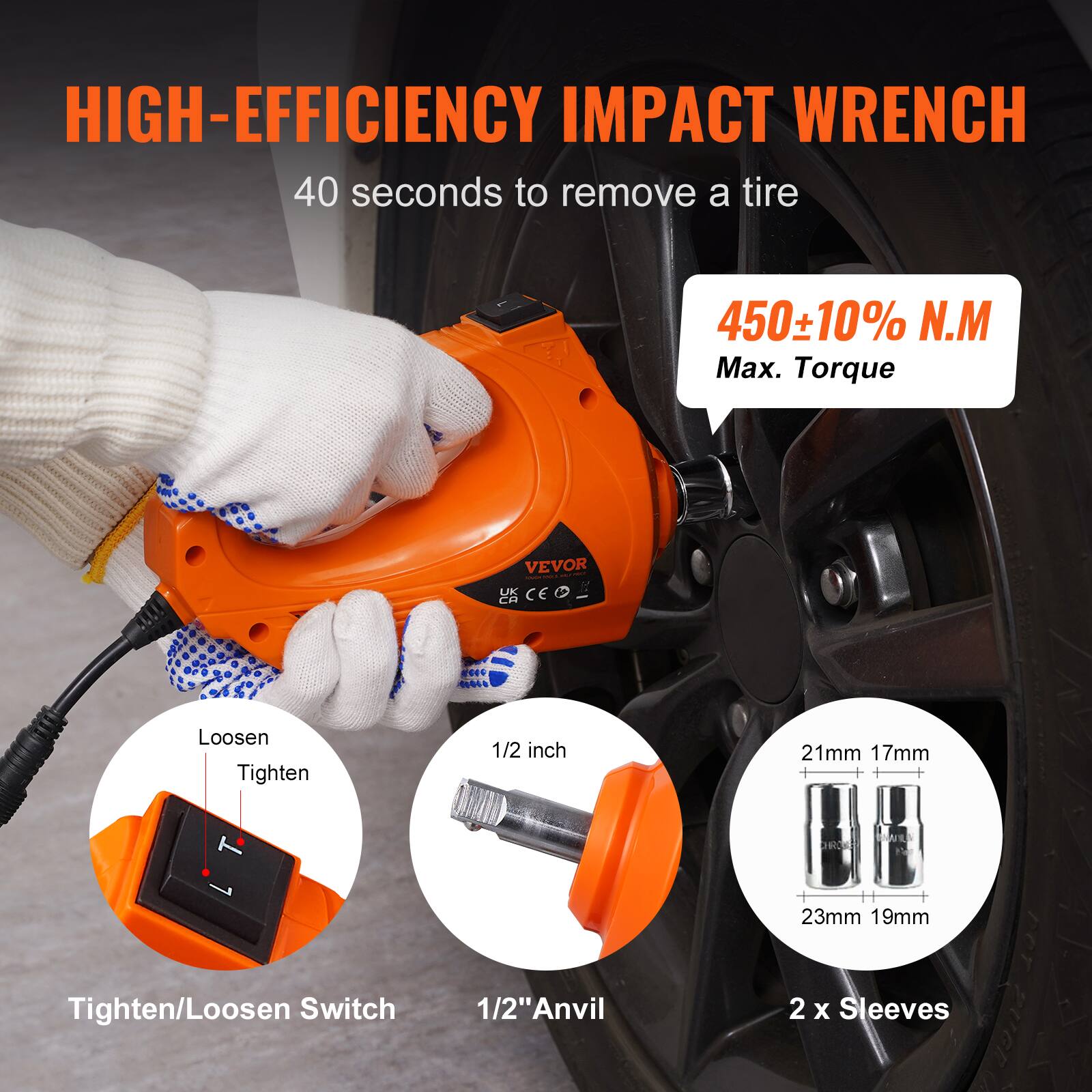 HIGH-EFFICIENCY IMPACT WRENCH  
40 seconds to remove a tire  
450±10% N.M Max. Torque  
VEVOR UK CE D CA 01 0644  
Loosen Tighten  
1/2 inch  
21mm 17mm  
23mm 19mm  
Tighten/Loosen Switch  
1/2" Anvil  
2 x Sleeves