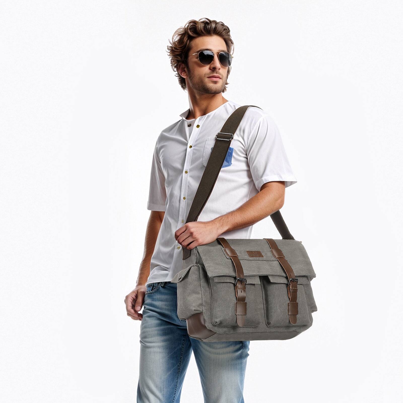 Alt View 6. Unique Bargains - Canvas Crossbody Bag for Men and Women, Vintage Shoulder Bag, Multiple Pockets, Fits 13" Laptops - Gray.