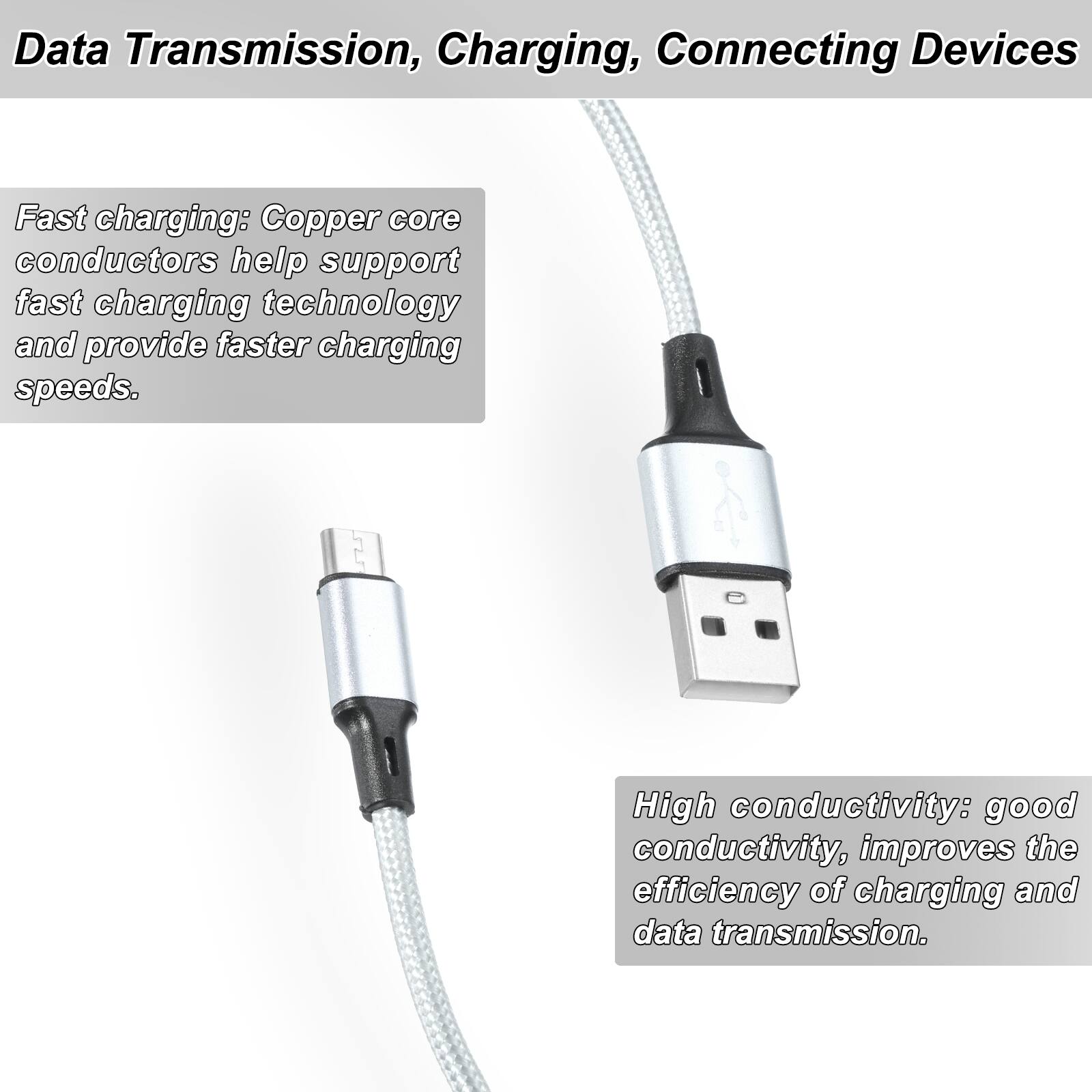 Data Transmission, Charging, Connecting Devices

Fast charging: Copper core conductors help support fast charging technology and provide faster charging speeds.

High conductivity: good conductivity, improves the efficiency of charging and data transmission.