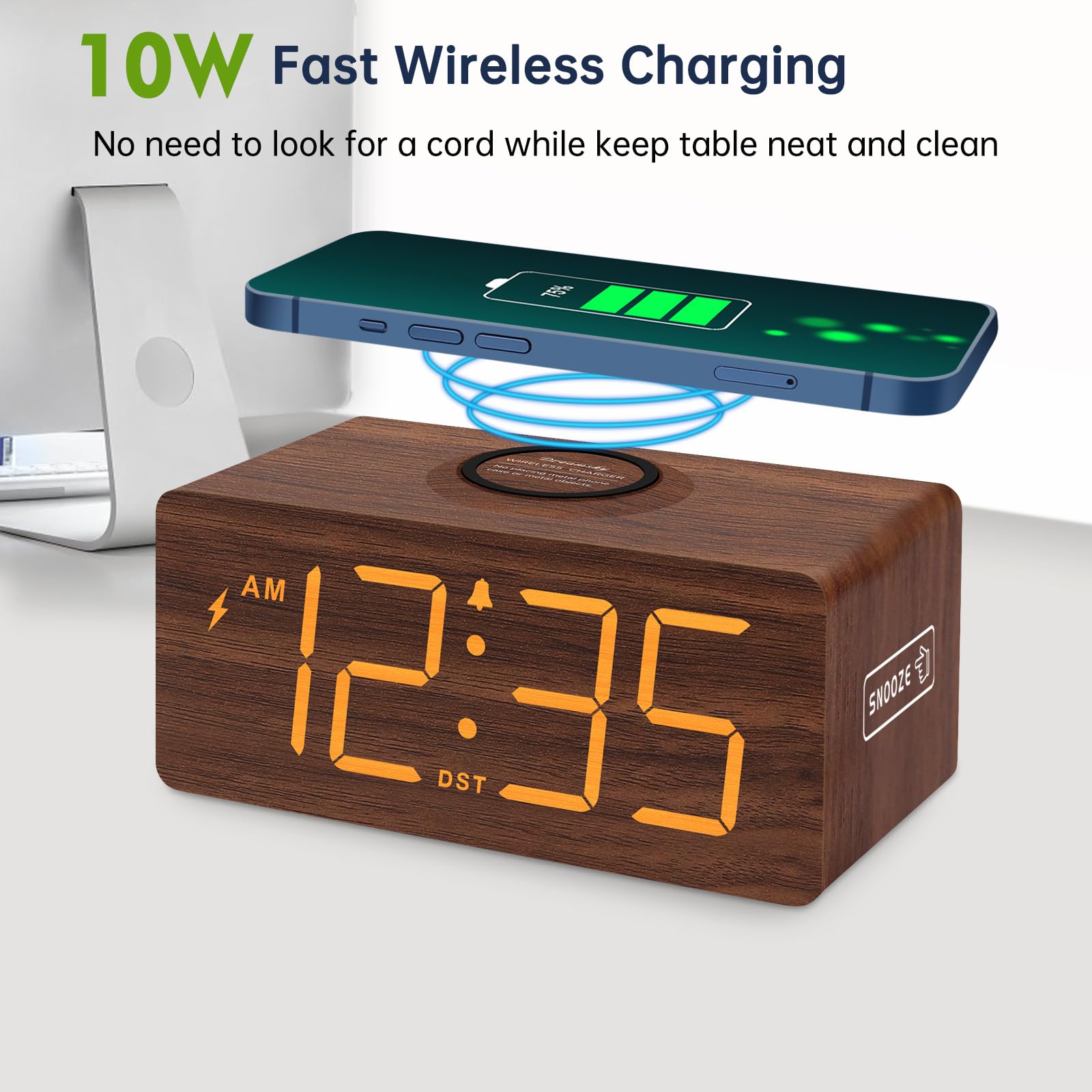 10W Fast Wireless Charging  
No need to look for a cord while keeping the table neat and clean  

AM 12:35  
DST  
SNOOZE
