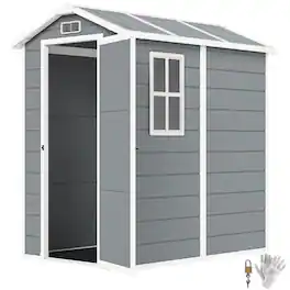 PULUZ - 4' x 6' Outdoor Storage Shed, Plastic Shed with Floor, Window, Lockable Door and Vents for Outdoor Patio Storage - Gray