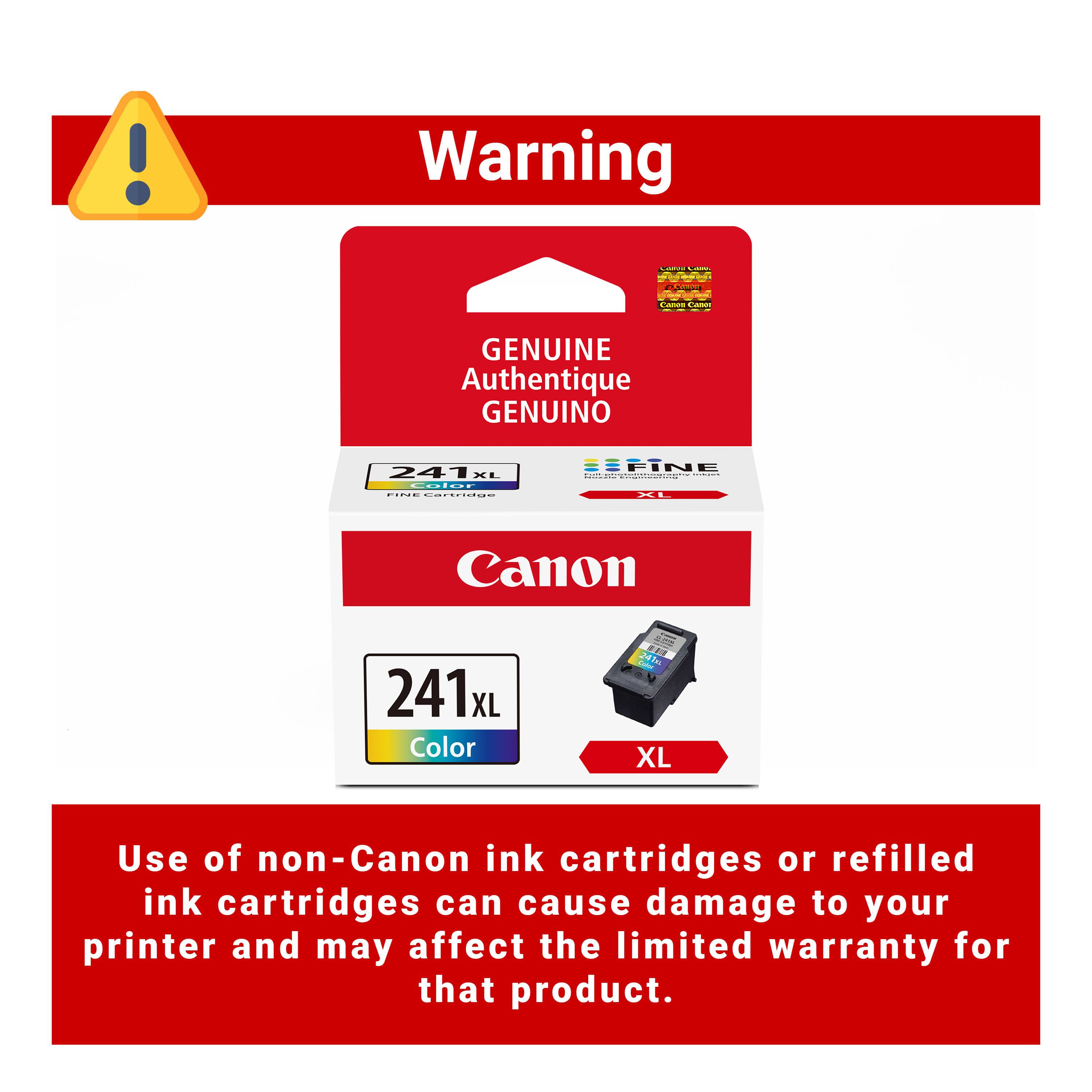 ! Warning | i - GENUINE Authentique GENUINO 241 XL ....... ..... Caroicton SFINE D   Canon 241XL XL Color  ales XL Use of non-Canon ink cartridges or refilled ink cartridges can cause damage to your printer and may affect the limited warranty for that product.