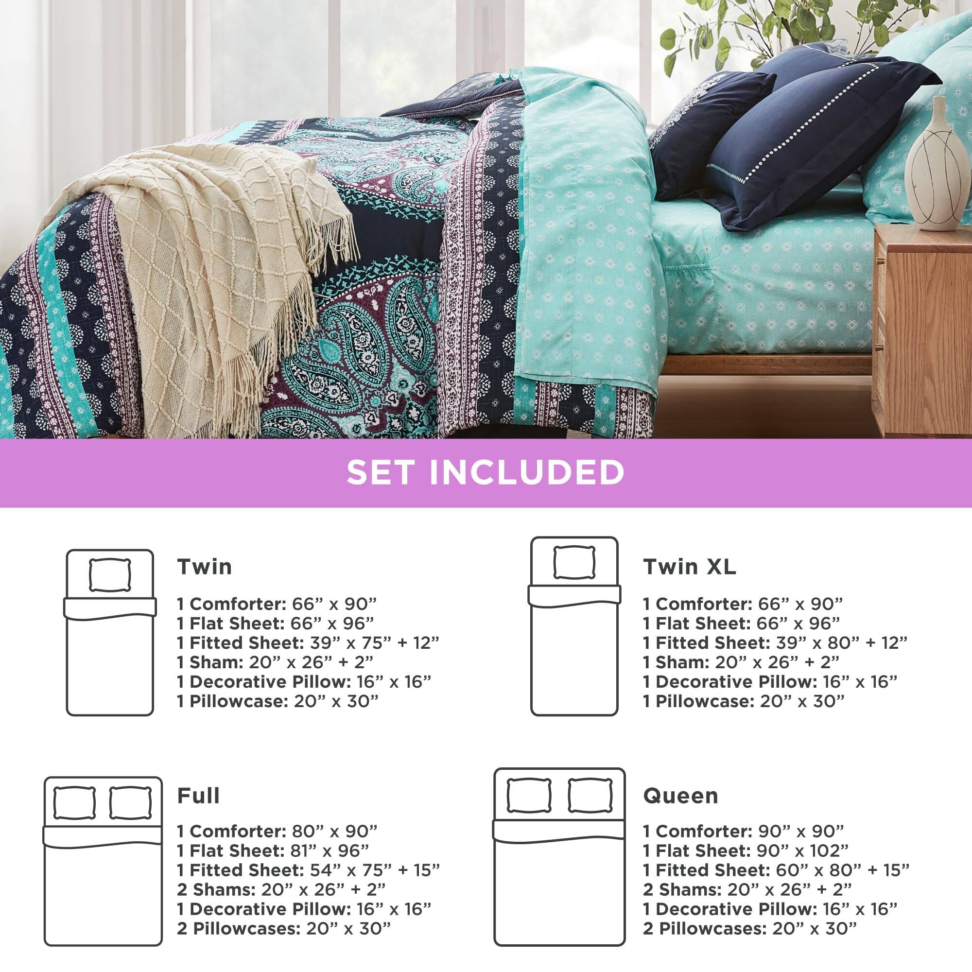 **SET INCLUDED**

**Twin**
- 1 Comforter: 66" x 90"
- 1 Flat Sheet: 66" x 96"
- 1 Fitted Sheet: 39" x 75" + 12"
- 1 Sham: 20" x 26" + 2"
- 1 Decorative Pillow: 16" x 16"
- 1 Pillowcase: 20" x 30"

**Twin XL**
- 1 Comforter: 66" x 90"
- 1 Flat Sheet: 66" x 96"
- 1 Fitted Sheet: 39" x 80" + 12"
- 1 Sham: 20" x 26" + 2"
- 1 Decorative Pillow: 16" x 16"
- 1 Pillowcase: 20" x 30"

**Full**
- 1 Comforter: 80" x 90"
- 1 Flat Sheet: 81" x 96"
- 1 Fitted Sheet: 54