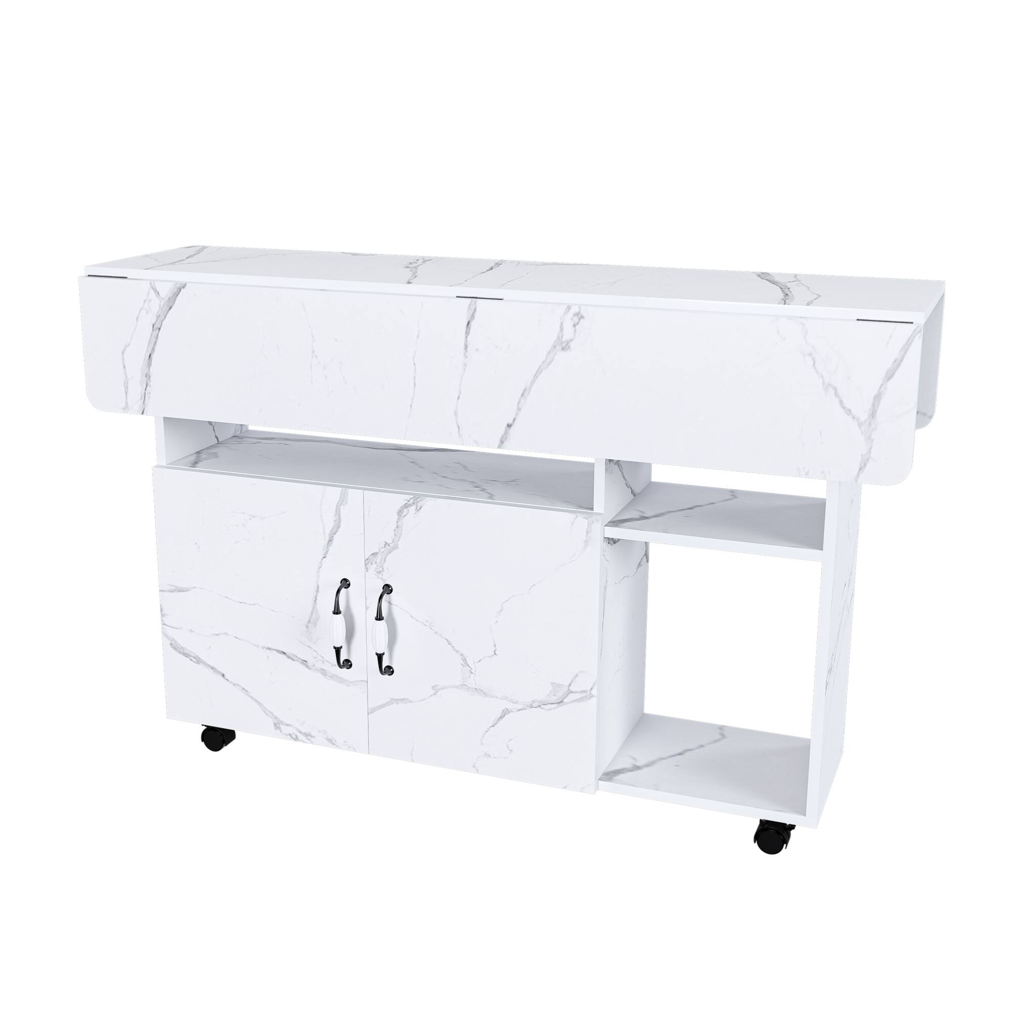 Alt View 8. GOODSILO - Space-Saving Foldable Multi-Purpose Table with Integrated Storage Shelves and Locking Wheels - White.