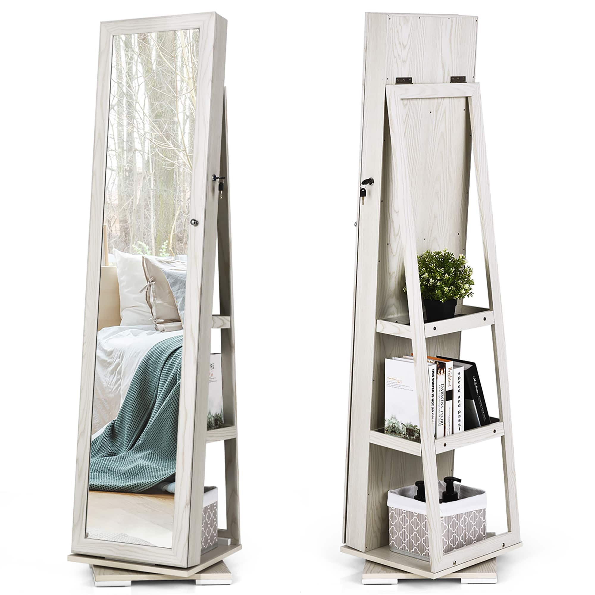 Alt View 19. Costway - 360degree Rotatable Jewelry Cabinet 2-in-1 Lockable Mirrored Organizer White - White.