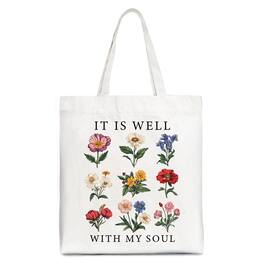 OrnamentallyYou - It Is Well With My Soul Christian Floral Canvas Tote Bag, Gift With Bible Verse Design - White