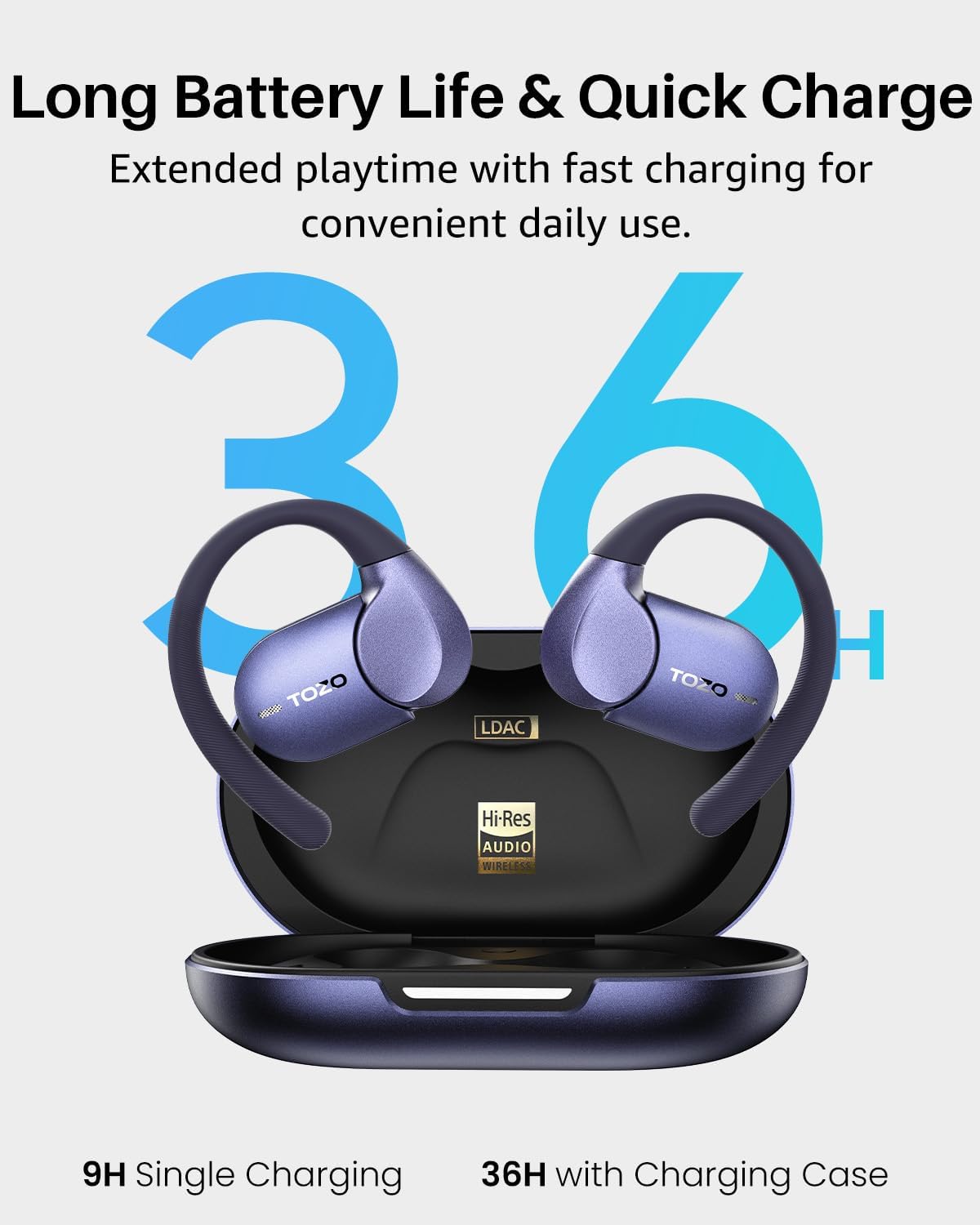 Long Battery Life & Quick Charge  
Extended playtime with fast charging for convenient daily use.  
36H Single Charging  
36H with Charging Case