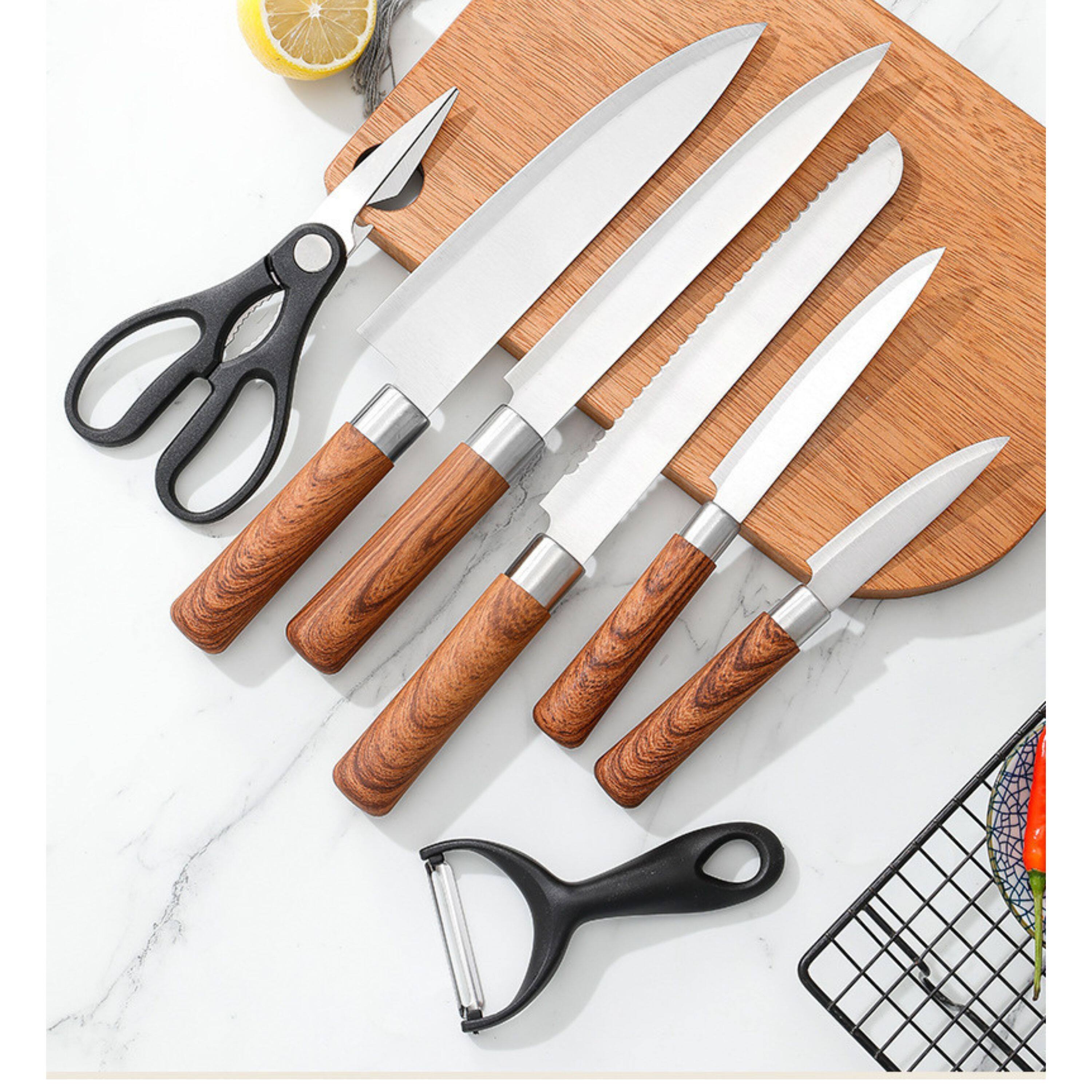 Angle. Kitcheniva - 7-Piece Stainless Steel Knife Set with Wooden Handles.