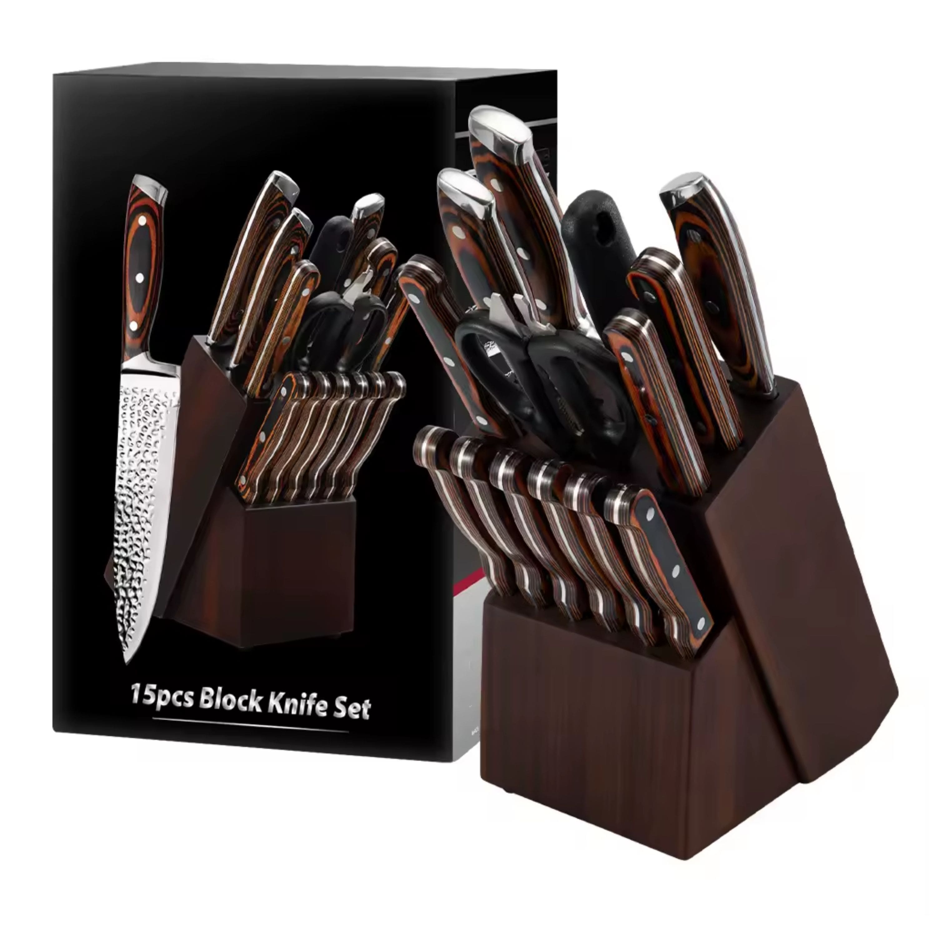 Kitcheniva - 15-Piece Stainless Steel Hammer Forged Knife Set with Wooden Block and Handle