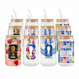 Jay Import - FIFA Set of 12 Glass Can Sippers with Bamboo Lids & Glass Straws - 16 oz Assorted Soccer Designs - Multi