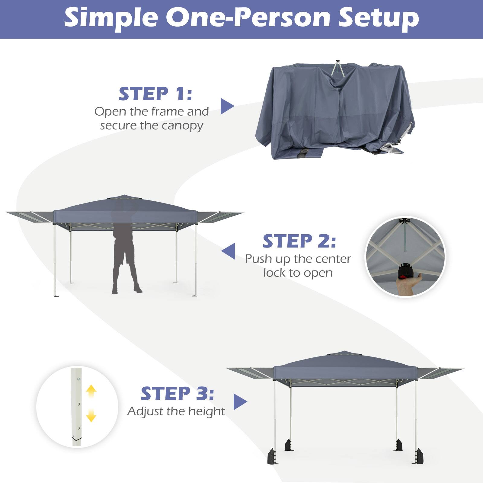 Simple One-Person Setup

STEP 1: Open the frame and secure the canopy

STEP 2: Push up the center lock to open

STEP 3: Adjust the height