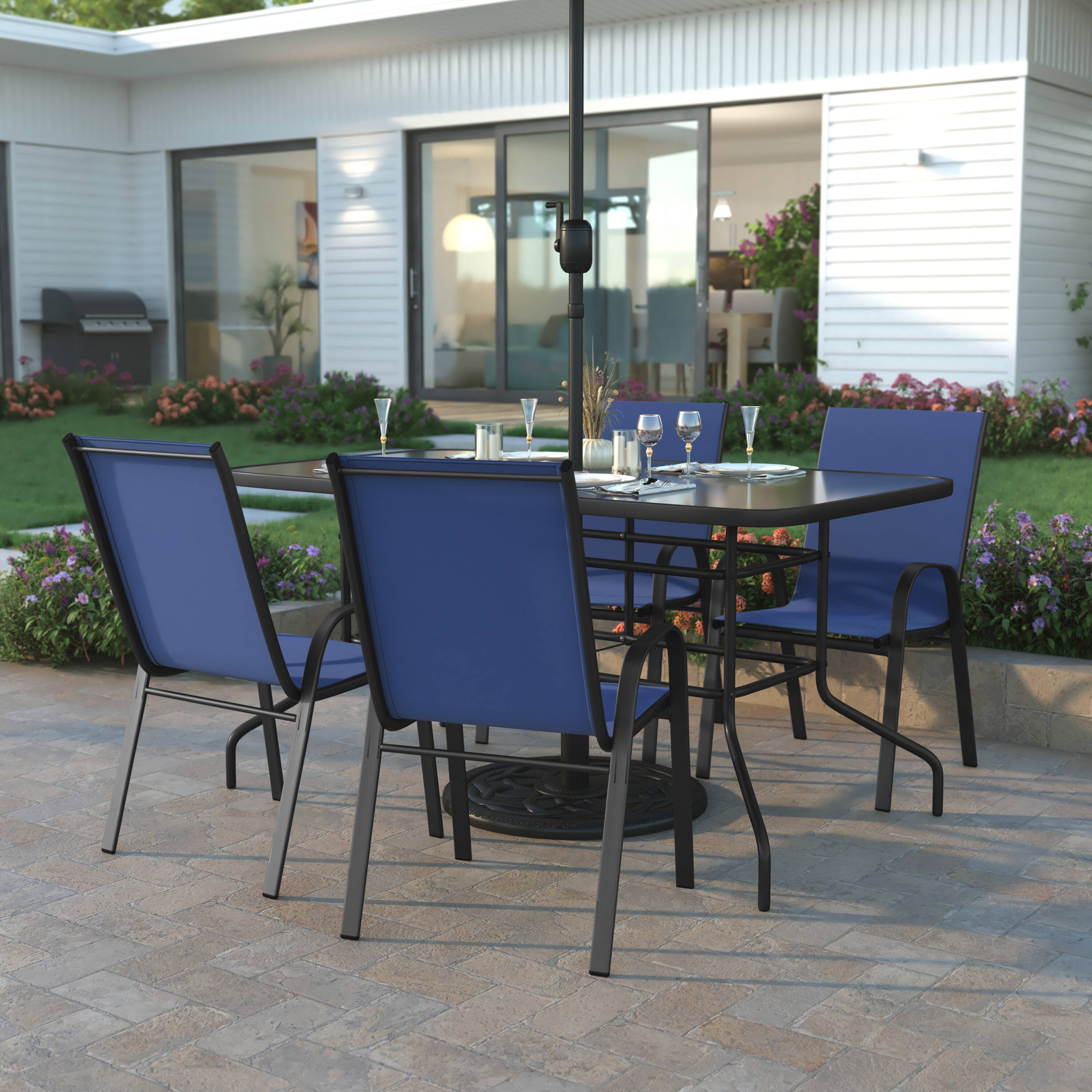 Alt View 1. Emma + Oliver - Five Piece Patio Table Set with Metal Table with Tempered Glass Top and 4 Flex Comfort Stacking Chairs - Navy.