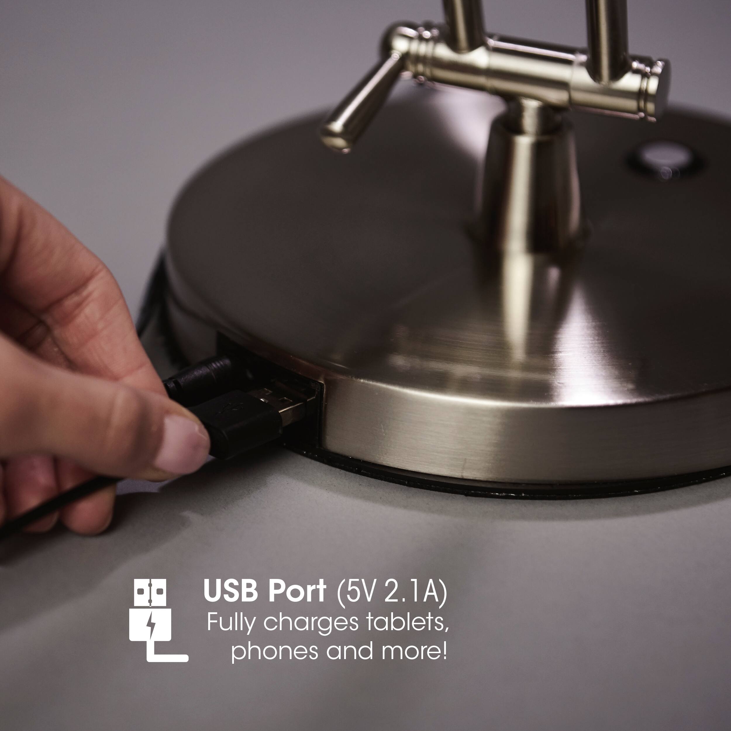 USB Port (5V 2.1A) Fully charges tablets, phones and more!