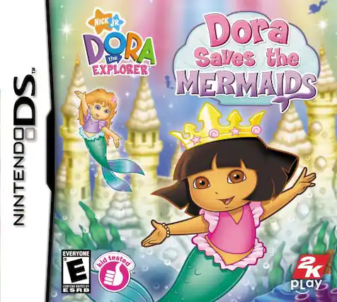 Sure, here is the corrected and grouped text from the image:
---
**Nintendo DS**
**Nick Jr.**
**Dora the Explorer**
**Dora Saves the Mermaids**
**2K Play**
**E** (Everyone)
**Kid Tested**
**Content Rated by the ESRB**
**PATRO**
---
This text is organized to reflect the information as it appears on the cover of the game. - E (Everyone)
