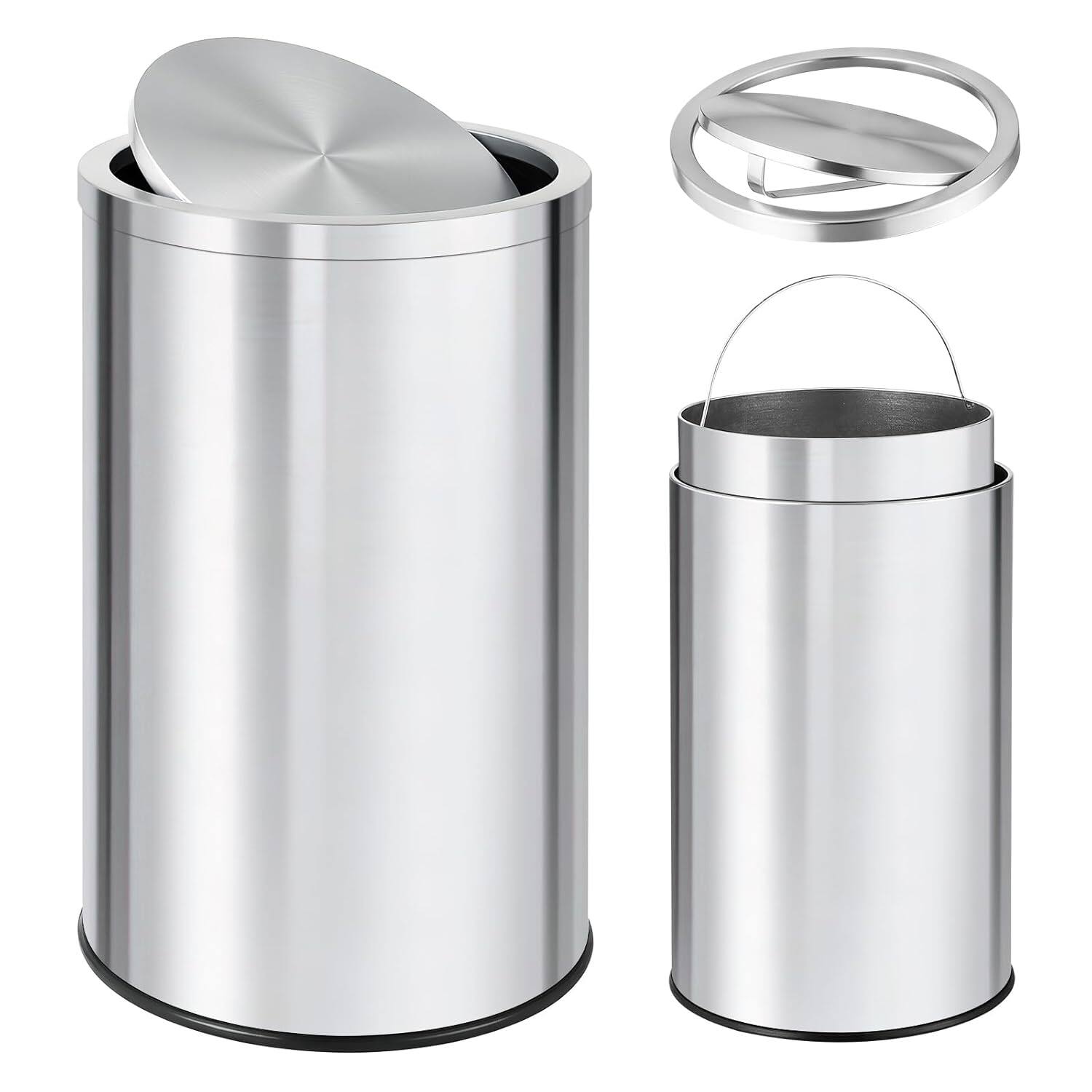 Front. Homhougo - 13 gal Stainless Steel Trash Can, 50 L Kitchen Garbage Can with Flipping Lid & Removable Inner Bucket - Silver.