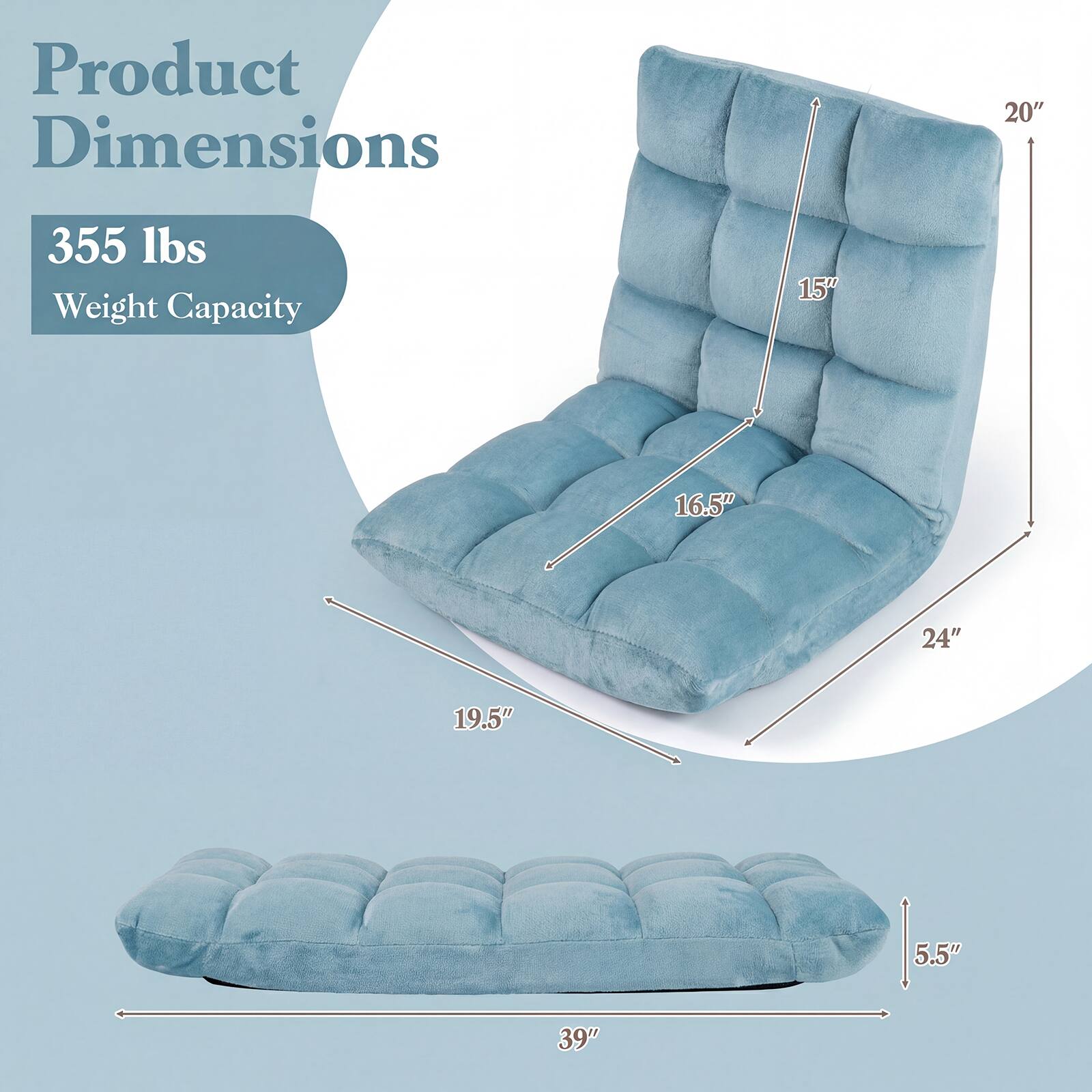 Product Dimensions: 20" x 15" x 16.5" x 24" x 19.5" x 5.5" x 39"  
Weight Capacity: 355 lbs