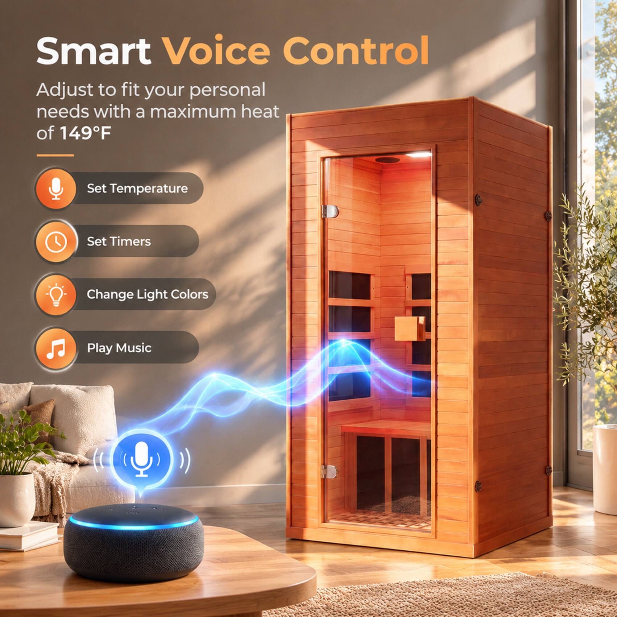 Smart Voice Control  
Adjust to fit your personal needs with a maximum heat of 149°F  

- Set Temperature  
- Set Timers  
- Change Light Colors  
- Play Music
