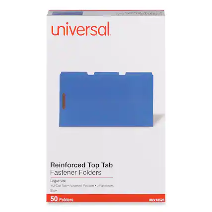 Universal
Reinforced Top Tab Fastener Folders
Legal Size
1/3-Cut Tab • Assorted Position • 2 Fasteners
Blue
50 Folders
UNV13525