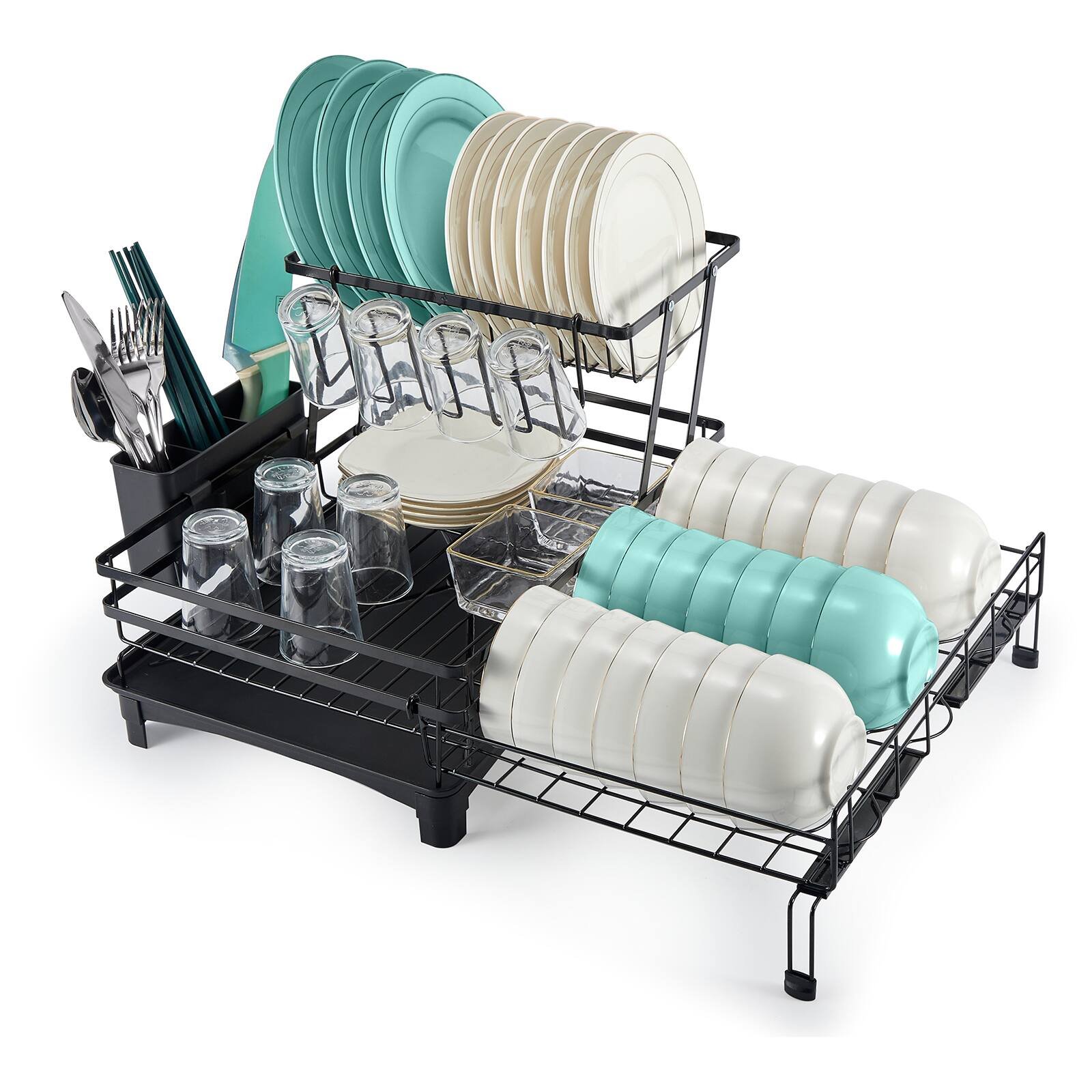 Left. Sugift - 2-Tier Collapsible Expandable Dish Rack with Rust-Resistant Stainless Steel Frame - Black.