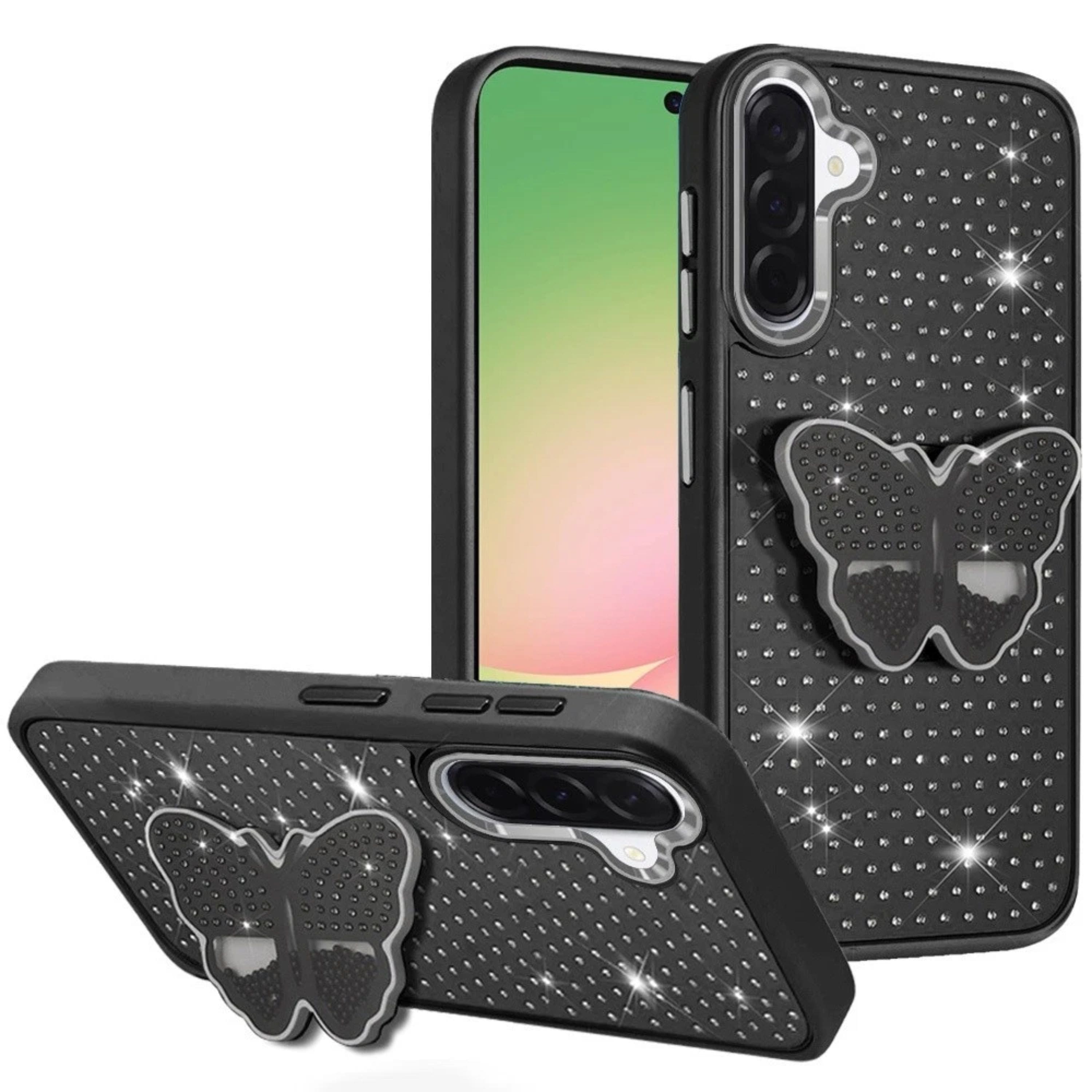Kitcheniva - Faux Crystals Butterfly Grip Stand Phone Case With Tempered Glass For Samsung Galaxy A57 5G - Black