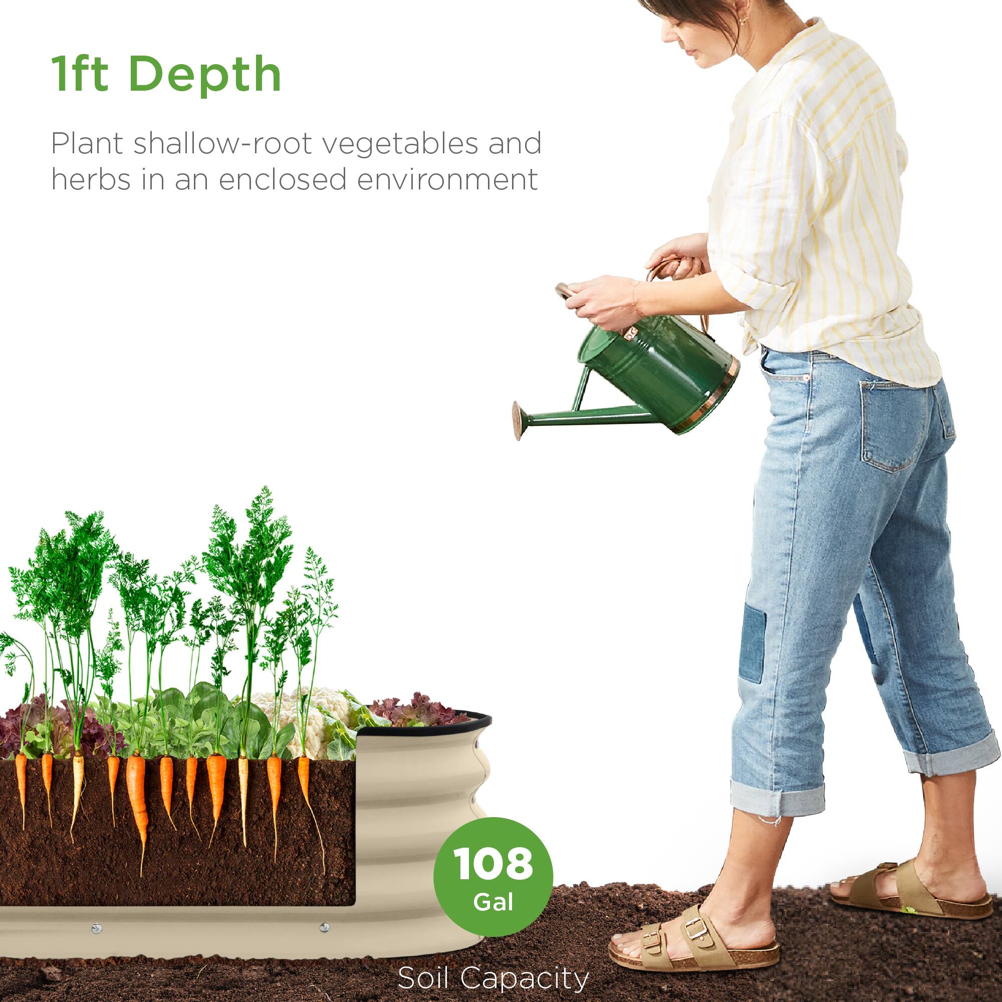 1ft Depth  
Plant shallow-root vegetables and herbs in an enclosed environment  

108 Gal  
Soil Capacity