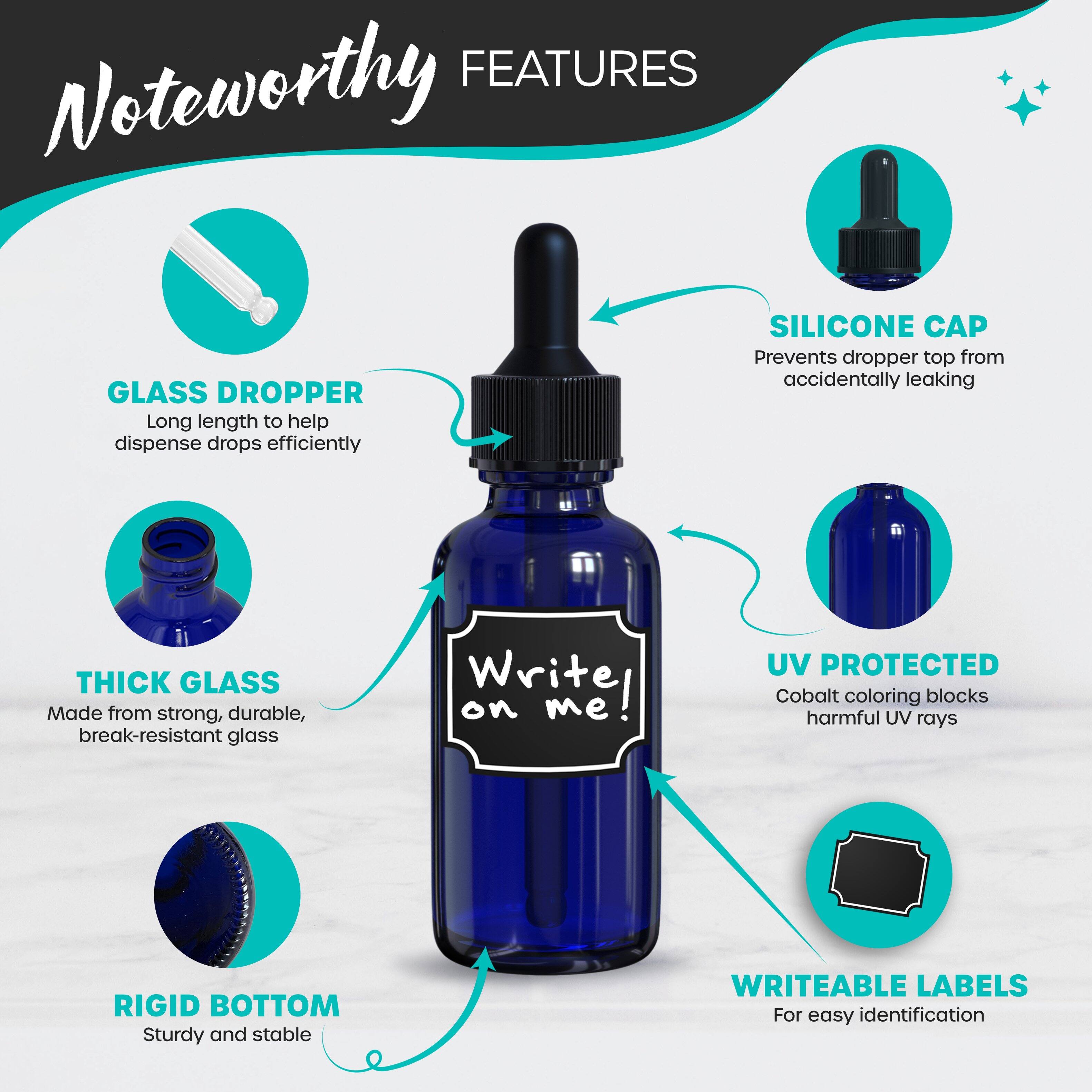 **Noteworthy Features**

- **Glass Dropper**: Long length to help dispense drops efficiently
- **Silicone Cap**: Prevents dropper top from accidentally leaking
- **Thick Glass**: Made from strong, durable, break-resistant glass
- **UV Protected**: Cobalt coloring blocks harmful UV rays
- **Rigid Bottom**: Sturdy and stable
- **Writeable Labels**: For easy identification