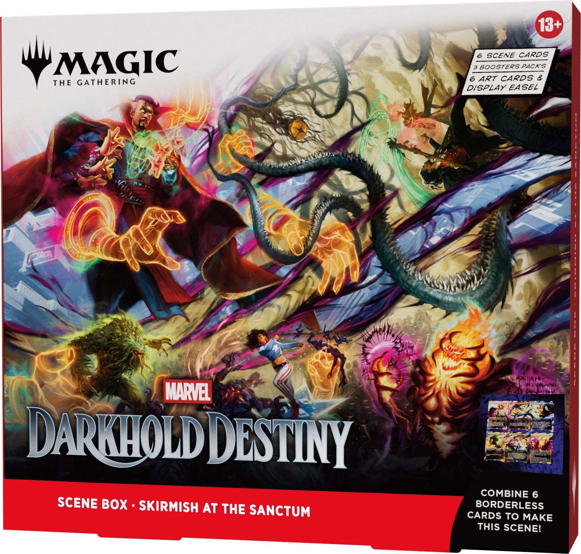 MAGIC THE GATHERING  
13+  
6 SCENE CARDS  
2 BOOSTER PACKS  
6 ART CARDS & DISPLAY EASEL  
MARVEL DARKHOLD DESTINY SCENE BOX - SKIRMISH AT THE SANCTUM  
COMBINE 6 BORDERLESS CARDS TO MAKE THIS SCENE!