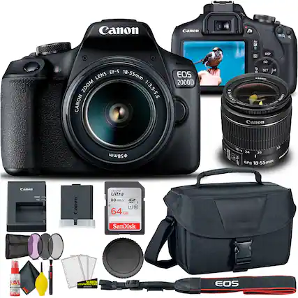 Canon EOS 2000D
EF-S 18-55mm ZOOM LENS 1:3.5-5.6
Canon 58mm
SanDisk Ultra 80 MB/s 64 GB
Canon Lens Cap
Canon Lens Hood
Canon Lens Cleaning Kit
Canon Camera Bag
Canon Camera Strap
Canon Camera Screen Protector
Canon Camera Cleaning Cloth
Canon Camera Cleaning Solution
Canon Camera Cleaning Brush
Canon Camera Cleaning Screen