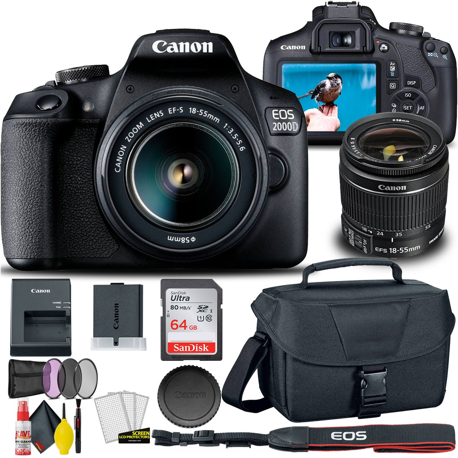 Canon EOS 2000D  
EF-S 18-55mm ZOOM LENS 1:3.5-5.6  
Canon 58mm  
SanDisk Ultra 80 MB/s 64 GB  
Canon Lens Cap  
Canon Lens Hood  
Canon Lens Cleaning Kit  
Canon Camera Bag  
Canon Camera Strap  
Canon Camera Screen Protector  
Canon Camera Cleaning Cloth  
Canon Camera Cleaning Solution  
Canon Camera Cleaning Brush  
Canon Camera Cleaning Screen