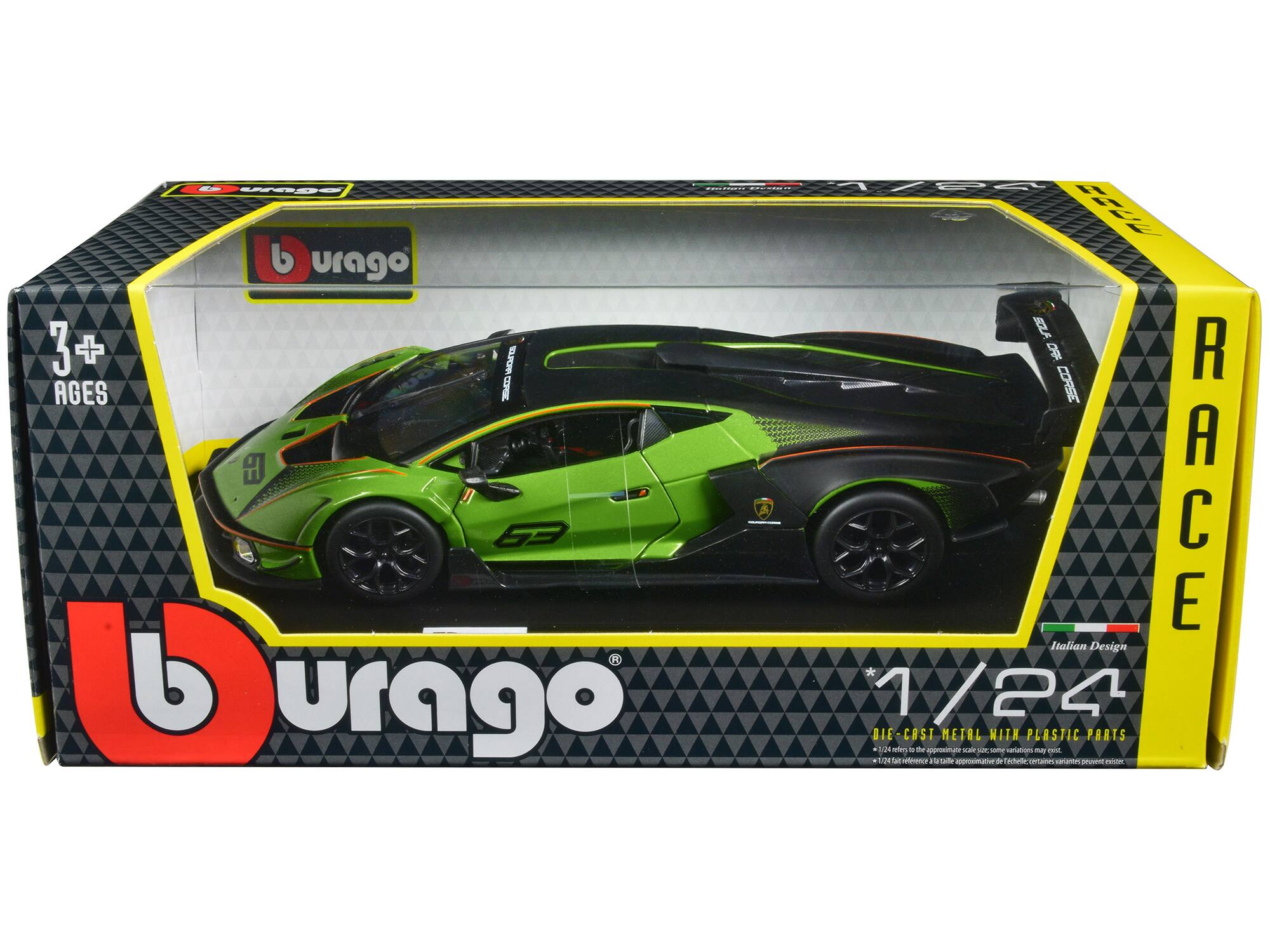 Lamborghini Essenza SCV12 #63 "Squadra Corse" "Race" Series 1/24 Diecast Model Car by Bburago - Green Metallic And Black