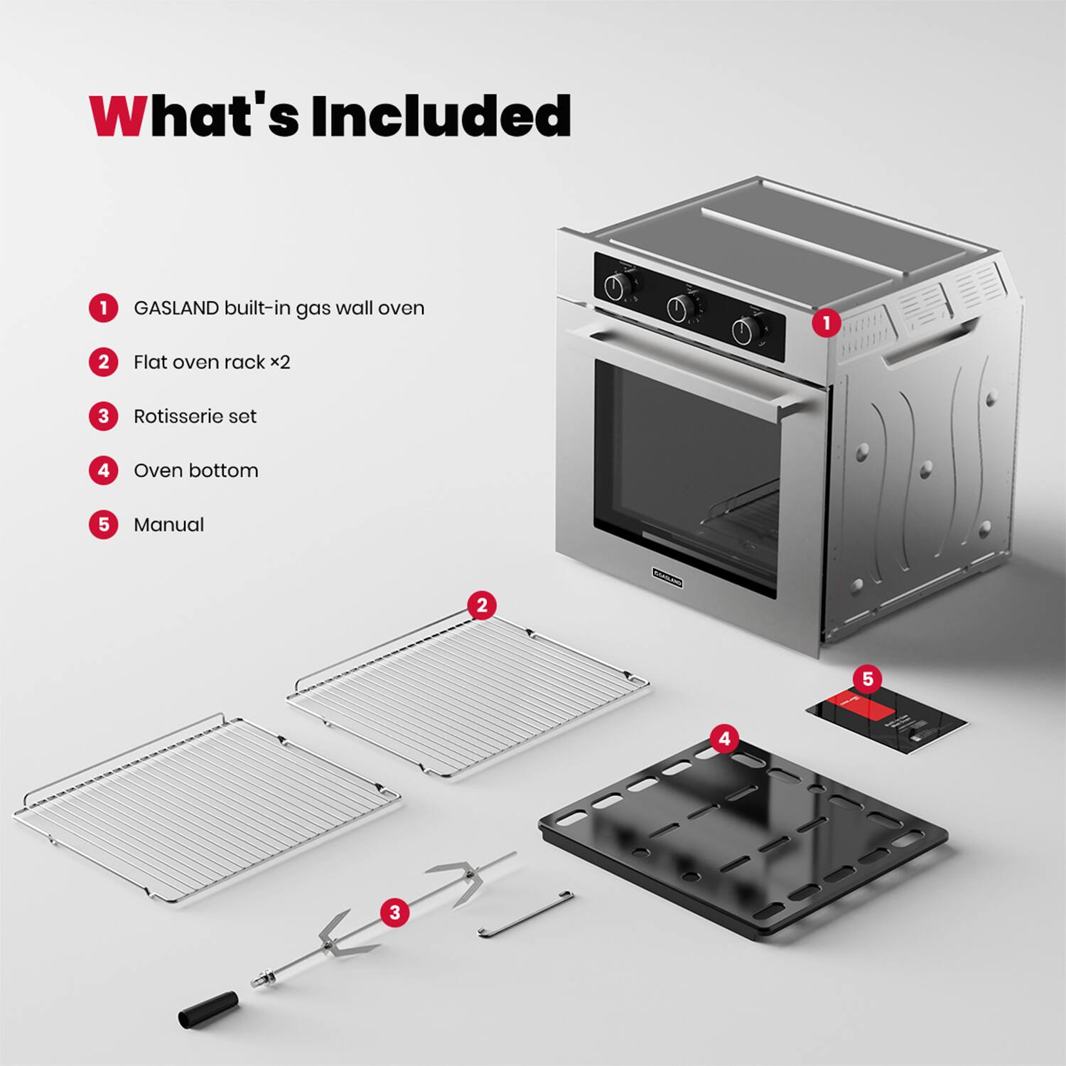 What's Included
1. GASLAND built-in gas wall oven
2. Flat oven rack x2
3. Rotisserie set
4. Oven bottom
5. Manual