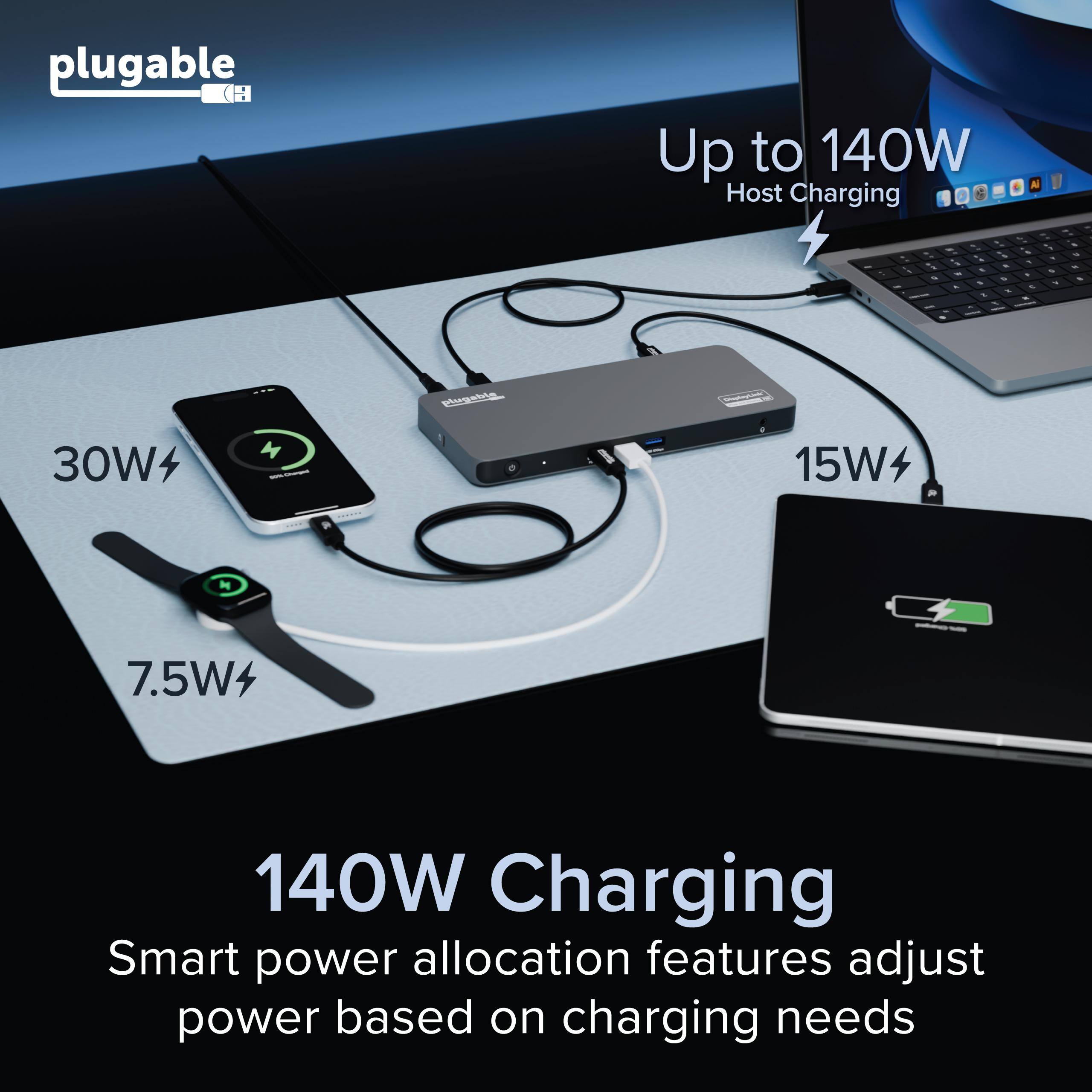 plugable CH  
Up to 140W Host Charging  

30W  
15W  
7.5W  

140W Charging  
Smart power allocation features adjust power based on charging needs